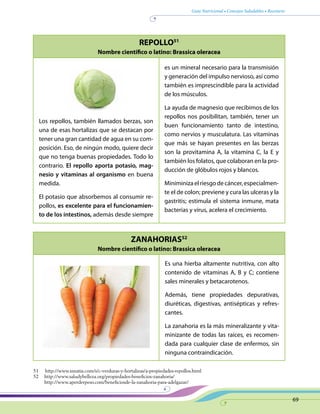 Guía Nutricional • Consejos Saludables • Recetario
69
REPOLLO51
Nombre científico o latino: Brassica oleracea
ZANAHORIAS52
Nombre científico o latino: Brassica oleracea
Los repollos, también llamados berzas, son
una de esas hortalizas que se destacan por
tener una gran cantidad de agua en su com-
posición. Eso, de ningún modo, quiere decir
que no tenga buenas propiedades. Todo lo
contrario. El repollo aporta potasio, mag-
nesio y vitaminas al organismo en buena
medida.
El potasio que absorbemos al consumir re-
pollos, es excelente para el funcionamien-
to de los intestinos, además desde siempre
es un mineral necesario para la transmisión
y generación del impulso nervioso, así como
también es imprescindible para la actividad
de los músculos.
La ayuda de magnesio que recibimos de los
repollos nos posibilitan, también, tener un
buen funcionamiento tanto de intestino,
como nervios y musculatura. Las vitaminas
que más se hayan presentes en las berzas
son la provitamina A, la vitamina C, la E y
también los folatos, que colaboran en la pro-
ducción de glóbulos rojos y blancos.
Miniminiza el riesgo de cáncer, especialmen-
te el de colon; previene y cura las ulceras y la
gastritis; estimula el sistema inmune, mata
bacterias y virus, acelera el crecimiento.
Es una hierba altamente nutritiva, con alto
contenido de vitaminas A, B y C; contiene
sales minerales y betacarotenos.
Además, tiene propiedades depurativas,
diuréticas, digestivas, antisépticas y refres-
cantes.
La zanahoria es la más mineralizante y vita-
minizante de todas las raíces, es recomen-
dada para cualquier clase de enfermos, sin
ninguna contraindicación.
51 http://www.innatia.com/s/c-verduras-y-hortalizas/a-propiedades-repollos.html
52	http://www.saludybelleza.org/propiedades-beneficios-zanahoria/
	http://www.aperderpeso.com/beneficiosde-la-zanahoria-para-adelgazar/
 