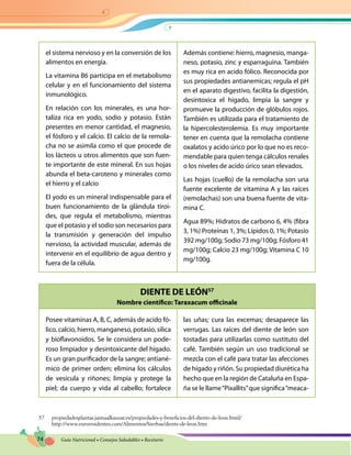 74 Guía Nutricional • Consejos Saludables • Recetario
DIENTE DE LEÓN57
Nombre científico: Taraxacum officinale
el sistema nervioso y en la conversión de los
alimentos en energía.
La vitamina B6 participa en el metabolismo
celular y en el funcionamiento del sistema
inmunológico.
En relación con los minerales, es una hor-
taliza rica en yodo, sodio y potasio. Están
presentes en menor cantidad, el magnesio,
el fósforo y el calcio. El calcio de la remola-
cha no se asimila como el que procede de
los lácteos u otros alimentos que son fuen-
te importante de este mineral. En sus hojas
abunda el beta-caroteno y minerales como
el hierro y el calcio
El yodo es un mineral indispensable para el
buen funcionamiento de la glándula tiroi-
des, que regula el metabolismo, mientras
que el potasio y el sodio son necesarios para
la transmisión y generación del impulso
nervioso, la actividad muscular, además de
intervenir en el equilibrio de agua dentro y
fuera de la célula.
Además contiene: hierro, magnesio, manga-
neso, potasio, zinc y esparraguina. También
es muy rica en acido fólico. Reconocida por
sus propiedades antianemicas; regula el pH
en el aparato digestivo, facilita la digestión,
desintoxica el hígado, limpia la sangre y
promueve la producción de glóbulos rojos.
También es utilizada para el tratamiento de
la hipercolesterolemia. Es muy importante
tener en cuenta que la remolacha contiene
oxalatos y acido úrico por lo que no es reco-
mendable para quien tenga cálculos renales
o los niveles de acido úrico sean elevados.
Las hojas (cuello) de la remolacha son una
fuente excelente de vitamina A y las raíces
(remolachas) son una buena fuente de vita-
mina C.
Agua 89%; Hidratos de carbono 6, 4% (fibra
3, 1%) Proteínas 1, 3%; Lípidos 0, 1%; Potasio
392 mg/100g; Sodio 73 mg/100g; Fósforo 41
mg/100g; Calcio 23 mg/100g; Vitamina C 10
mg/100g.
Posee vitaminas A, B, C, además de acido fó-
lico, calcio, hierro, manganeso, potasio, silica
y bioflavonoidos. Se le considera un pode-
roso limpiador y desintoxicante del hígado.
Es un gran purificador de la sangre; antiané-
mico de primer orden; elimina los cálculos
de vesícula y riñones; limpia y protege la
piel; da cuerpo y vida al cabello; fortalece
las uñas; cura las excemas; desaparece las
verrugas. Las raíces del diente de león son
tostadas para utilizarlas como sustituto del
café. También según un uso tradicional se
mezcla con el café para tratar las afecciones
de hígado y riñón. Su propiedad diurética ha
hecho que en la región de Cataluña en Espa-
ña se le llame“Pixallits”que significa“meaca-
57 propiedadesplantas.jaimaalkauzar.es/propiedades-y-beneficios-del-diente-de-leon.html/
http://www.euroresidentes.com/Alimentos/hierbas/diente-de-leon.htm
 