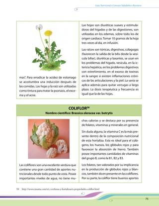 Guía Nutricional • Consejos Saludables • Recetario
75
COLIFLOR58
Nombre científico: Brassica oleracea var. botrytis
mas”. Para erradicar la acidez de estomago
se acostumbra una inducción después de
las comidas. Las hojas y la raíz son utilizadas
como tintura para tratar la psoriasis, el exce-
ma y el acne.
Las hojas son diuréticas suaves y estimula-
doras del hígados y de las digestiones, son
utilizadas en los edemas, sobre todo los de
origen cardiaco. Tomar 10 gramos de la hoja
tres veces al día, en infusión.
Las raíces son tónicas, digestivas, colagogas
(favorecen la salida de la bilis desde la vesí-
cula biliar), diuréticas y laxantes, se usan en
los problemas del hígado, vesícula, en la ic-
tericia hepática, en los problemas digestivos
con estreñimiento, en el exceso de toxinas
en la sangre si existen inflamaciones cróni-
cas de las articulaciones y la piel. La savia se
aplica además para quitar verrugas a largo
plazo. La dosis terapéutica y frecuencia es
igual que la de las hojas.
Las coliflores son una excelente verdura que
contiene una gran cantidad de aportes nu-
tricionales desde todo punto de vista. Posee
importantes niveles de agua, no tiene mu-
chas calorías y se destaca por su presencia
de folatos, vitaminas y minerales en general.
Sin duda alguna, la vitamina C es la más pre-
sente dentro de la composición nutricional
de esta hortaliza. Esta es ideal para el colá-
geno, los huesos, los glóbulos rojos y para
favorecer la absorción de hierro. También
posee importantes cantidades de vitaminas
del grupo B, como la B1, B2 y B3.
Los folatos, tan valorados por su implicancia
en la producción de glóbulos rojos y blan-
cos, también dicen presente en las coliflores.
Por su parte, la coliflor tiene buenos aportes
58	http://www.innatia.com/s/c-verduras-y-hortalizas/a-propiedades-coliflor.html
 