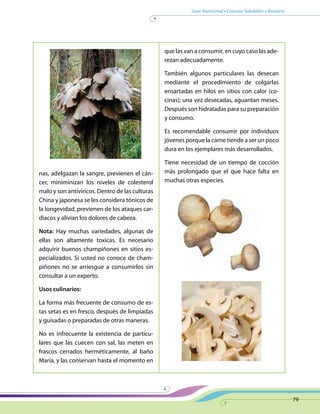 Guía Nutricional • Consejos Saludables • Recetario
79
nas, adelgazan la sangre, previenen el cán-
cer, miniminizan los niveles de colesterol
malo y son antiviricos. Dentro de las culturas
China y japonesa se les considera tónicos de
la longevidad, previenen de los ataques car-
diacos y alivian los dolores de cabeza.
Nota: Hay muchas variedades, algunas de
ellas son altamente toxicas. Es necesario
adquirir buenos champiñones en sitios es-
pecializados. Si usted no conoce de cham-
piñones no se arriesgue a consumirlos sin
consultar a un experto.
Usos culinarios:
La forma más frecuente de consumo de es-
tas setas es en fresco, después de limpiadas
y guisadas o preparadas de otras maneras.
No es infrecuente la existencia de particu-
lares que las cuecen con sal, las meten en
frascos cerrados herméticamente, al baño
María, y las conservan hasta el momento en
que las van a consumir, en cuyo caso las ade-
rezan adecuadamente.
También algunos particulares las desecan
mediante el procedimiento de colgarlas
ensartadas en hilos en sitios con calor (co-
cinas); una vez desecadas, aguantan meses.
Después son hidratadas para su preparación
y consumo.
Es recomendable consumir por individuos
jóvenes porque la carne tiende a ser un poco
dura en los ejemplares más desarrollados.
Tiene necesidad de un tiempo de cocción
más prolongado que el que hace falta en
muchas otras especies.
 