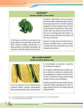 80 Guía Nutricional • Consejos Saludables • Recetario
LECHUGA64
Nombre científico: Lactuca sativa
MILLO MAIZ MAYA65
Nombre científico: Maízzea mays
La lechuga es un alimento que aporta muy
pocas calorías, alto porcentaje de agua (90-
95%), vitaminas (folatos, provitamina A o
beta-caroteno y cantidades apreciables de
vitamina C -estas dos últimas con acción an-
tioxidante, relacionadas con la prevención
de enfermedades cardiovasculares e incluso
ciertos tipos de cáncer), minerales (potasio,
magnesio) y fibra (necesaria para el buen
funcionamiento intestinal). Las hojas exter-
nas de color más oscuro son las más nutri-
tivas que las blanquecinas del interior. La
lechuga romana cultivada al aire libre es la
más rica en vitaminas.
Cruda es la mejor forma de disfrutar de su
frescura, agradable sabor y valor nutritivo.
Las hojas más duras se pueden cocer como
cualquier otra verdura.
Es rico en vitamina A, B, E; también hierro,
magnesio fósforo, potasio, carbohidratos,
fibra, grasas polinsaturadas y ácidos grasos.
Es recomendado su consumo a personas
con intolerancia al gluten.
Es un agente moderador de la tiroides, ayu-
da a reducir los niveles de colesterol LDL.
Sus propiedades se pierden muy fácil al co-
cinarlo o someterlo al fuego durante largo
tiempo. El maíz es anticancerígeno.
Contiene químicos que previenen el cáncer;
cuida del corazón y protege de la caries. Su
aceite ayuda a disminuir los niveles altos de
colesterol malo.
64 http://propiedadesalimentos.jaimaalkauzar.es/propiedades-nutritivas-de-la-lechuga.html
65	www.nutricion-dietas.com/tag/muesli
 
