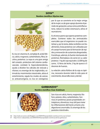 Guía Nutricional • Consejos Saludables • Recetario
81
SOYA66
Nombre científico: Glycine max
GARBANZOS67
Nombre científico: Cicer Arietinum
Es rica en vitamina A, complejo B, acido fóli-
co, calcio, magnesio, carbohidratos, fibra, le-
citina, proteínas. La soya es una gran amiga
del corazón, protectora del sistema cardio-
vascular, combate la hipercolesterolemia,
ayuda a disolver los cálculos de vesícula y
riñones; es enemiga de los triglicéridos, es-
timula los movimientos intestinales, alivia el
estreñimiento, regula los niveles de azúcar,
es anticancerígeno, es rica en estrógenos
por lo que se convierte en la mejor amiga
de la mujer; es de gran apoyo durante el pe-
riodo de gestación; actúa como antiinflama-
toria, reduce la acidez estomacal y alivia el
reumatismo.
Es el único grano que aporta proteínas com-
pletas. Contiene todos los aminoácidos
esenciales que el organismo no puede sin-
tetizar y, por lo tanto, debe recibirlos con los
alimentos. Estas proteínas son utilizadas por
el cuerpo humano para la formación de teji-
dos y renovación de sustancias desgastadas.
Constituye, además, la fuente más barata de
proteínas. Reemplaza a la carne en su valor
proteico: 1 kg de soja equivale a 2,500 kg de
carne, 12 litros de leche, 2 kg de queso o 5
docenas de huevos.
La relación calcio-fósforo de la soja es ópti-
ma, necesaria durante toda la vida para el
crecimiento, desarrollo óseo y dental.
Son ricos en calcio, hierro, magnesio, fós-
foro, potasio, silica, carbohidratos. Son
ricos en proteínas; posee propiedades an-
tisépticas y diureticas; muy útil para tratar
las inflamaciones del tracto urinario y las
digestiones anormales. Es enemiga de los
parásitos intestinales.
66	http://julycarconmycook.blogspot.com/2009/09/propiedades-nutritivas-de-la-soja-la.html
67	http://www.vidanutrida.com/2009/09/04/propiedades-nutritivas-de-los-garbanzos/
 