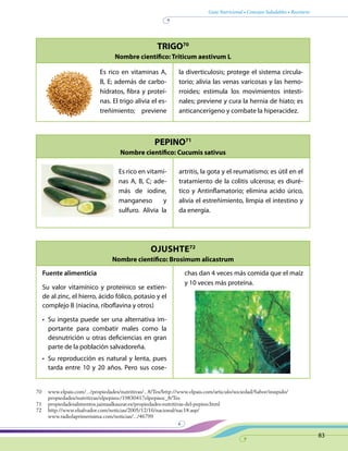 Guía Nutricional • Consejos Saludables • Recetario
83
TRIGO70
Nombre científico: Triticum aestivum L
PEPINO71
Nombre científico: Cucumis sativus
Ojushte72
Nombre científico: Brosimum alicastrum
Es rico en vitaminas A,
B, E; además de carbo-
hidratos, fibra y proteí-
nas. El trigo alivia el es-
treñimiento; previene
la diverticulosis; protege el sistema circula-
torio; alivia las venas varicosas y las hemo-
rroides; estimula los movimientos intesti-
nales; previene y cura la hernia de hiato; es
anticancerígeno y combate la hiperacidez.
Es rico en vitami-
nas A, B, C; ade-
más de iodine,
manganeso y
sulfuro. Alivia la
artritis, la gota y el reumatismo; es útil en el
tratamiento de la colitis ulcerosa; es diuré-
tico y Antinflamatorio; elimina acido úrico,
alivia el estreñimiento, limpia el intestino y
da energía.
Fuente alimenticia
Su valor vitamínico y proteínico se extien-
de al zinc, el hierro, ácido fólico, potasio y el
complejo B (niacina, riboflavina y otros)
•	 Su ingesta puede ser una alternativa im-
portante para combatir males como la
desnutrición u otras deficiencias en gran
parte de la población salvadoreña.
•	 Su reproducción es natural y lenta, pues
tarda entre 10 y 20 años. Pero sus cose-
chas dan 4 veces más comida que el maíz
y 10 veces más proteína.
70	www.elpais.com/.../propiedades/nutritivas/...8/Tes/http://www.elpais.com/articulo/sociedad/Sabor/insipido/
	propiedades/nutritivas/elpepisoc/19830417elpepisoc_8/Tes
71	propiedadesalimentos.jaimaalkauzar.es/propiedades-nutritivas-del-pepino.html
72	http://www.elsalvador.com/noticias/2005/12/16/nacional/nac18.asp/
	www.radiolaprimerisima.com/noticias/.../46799
 