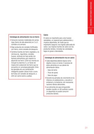 información médica para deportistas

Estrategia de alimentación rica en hierro

•	Consume raciones moderadas de carnes
rojas (hierro de alta absorción) en 3 a 5
comidas a la semana.
•	Elige productos de cereales fortificados
con hierro, como cereales de desayuno.
•	Combina fuentes de hierro vegetales y no
cárnicas (ej., legumbres, cereales,
huevos, verduras de hoja verde) con
factores alimenticios que mejoren la
absorción de hierro. Entre los mismos se
incluyen la vitamina C y un factor de
mejora de la absorción de hierro que se
encuentra en carne/pescado/pollo. Entre
los ejemplos de una combinación
inteligente pueden citarse fruta o zumo
de frutas con cereales de desayuno, o
chili con carne (carne y judías).

Calcio

El calcio es importante para unos huesos
saludables, en especial para adolescentes y
mujeres deportistas, de modo que es
importante asegurar una ingesta adecuada de
calcio. Las mejores fuentes de calcio son los
productos lácteos, incluidas las variedades
bajas en grasa o desnatados.
Estrategia de alimentación rica en calcio

•	Cada deportista debería fijarse como
objetivo incluir al menos 3 raciones de
estos alimentos en sus planes de
alimentación diaria:
- Vaso de leche
- Trozo de queso
- Vaso de yogur
•	Durante los periodos de crecimiento en la
infancia y la adolescencia, y durante el
embarazo y la lactancia, son necesarias
raciones diarias adicionales.
•	Los alimentos de soja enriquecidos
pueden resultar un útil sustituto cuando
un deportista no puede consumir
productos lácteos.

31

 