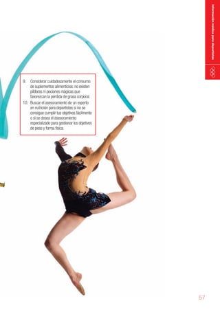 información médica para deportistas

9. Considerar cuidadosamente el consumo
de suplementos alimenticios: no existen
píldoras ni pociones mágicas que
favorezcan la pérdida de grasa corporal.
10. Buscar el asesoramiento de un experto
en nutrición para deportistas si no se
consigue cumplir tus objetivos fácilmente
o si se desea el asesoramiento
especializado para gestionar los objetivos
de peso y forma física.

57

 