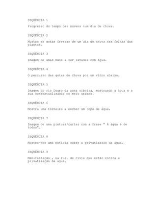 SEQUÊNCIA 1
Terra vista do espaço.
SEQUÊNCIA 2
Gotas de chuva no vidro.
SEQUÊNCIA 3
Progresso do tempo nas nuvens de um dia de chuva que passa.
SEQUÊNCIA 4
Movimento da água numa fonte.
SEQUÊNCIA 5
Água caí numa folha.
SEQUÊNCIA 6
Água a sair da fonte.
SEQUÊNCIA 7
Pessoa a lavar as mãos na fonte.
SEQUÊNCIA 8
Pessoa a fazer um graffiti numa parede com a palavra "Água"
SEQUÊNCIA 9
Manifestação , na rua, de civis que estão contra a
privatização da água.
SEQUÊNCIA 10
Água a cair dentro de um copo.
 