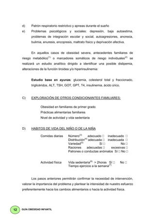 d)     Patrón respiratorio restrictivo y apneas durante el sueño
     e)     Problemas    psicológicos    y   sociales:   depresión,   baja   autoestima,
            problemas de integración escolar y social, autoagresiones, anorexia,
            bulimia, enuresis, encopresis, maltrato físico y deprivación afectiva.


            En aquellos casos de obesidad severa, antecedentes familiares de
     riesgo metabólico(1) o marcadores somáticos de riesgo individuales(2) se
     realizará un estudio analítico dirigido a identificar una posible dislipemia,
     alteraciones de la función tiroidea y/o hiperinsulinemia:


            Estudio base en ayunas: glucemia, colesterol total y fraccionado,
            triglicéridos, ALT, TSH, GOT, GPT, T4, insulinemia, ácido úrico.



     C)     EXPLORACIÓN DE OTROS CONDICIONANTES FAMILIARES:

                  Obesidad en familiares de primer grado
                  Prácticas alimentarias familiares
                  Nivel de actividad y vida sedentaria


     D)     HABITOS DE VIDA DEL NIÑO O DE LA NIÑA

                  Comidas diarias       Número(3)       adecuado  inadecuado
                                        Distribución(4) adecuada  inadecuada
                                        Variedad(5)            Sí          No
                                        Raciones      adecuadas      excesivas
                                        Patrones o conductas anómalos Sí No


                  Actividad física      Vida sedentaria(6) > 2horas Sí         No
                                        Tiempo ejercicio a la semana(7)



            Los pasos anteriores permitirán confirmar la necesidad de intervención,
     valorar la importancia del problema y plantear la intensidad de nuestro esfuerzo
     preferentemente hacia los cambios alimentarios o hacia la actividad física.




12   GUÍA OBESIDAD INFANTIL
 