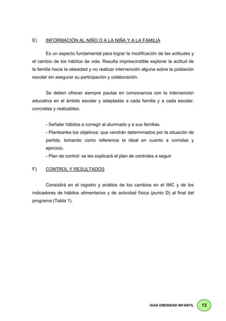 E)    INFORMACIÓN AL NIÑO O A LA NIÑA Y A LA FAMILIA

      Es un aspecto fundamental para lograr la modificación de las actitudes y
el cambio de los hábitos de vida. Resulta imprescindible explorar la actitud de
la familia hacia la obesidad y no realizar intervención alguna sobre la población
escolar sin asegurar su participación y colaboración.


      Se deben ofrecer siempre pautas en consonancia con la intervención
educativa en el ámbito escolar y adaptadas a cada familia y a cada escolar,
concretas y realizables:


      - Señalar hábitos a corregir al alumnado y a sus familias.
      - Plantearles los objetivos: que vendrán determinados por la situación de
      partida, tomando como referencia la ideal en cuanto a comidas y
      ejercicio.
      - Plan de control: se les explicará el plan de controles a seguir

F)    CONTROL Y RESULTADOS


      Consistirá en el registro y análisis de los cambios en el IMC y de los
indicadores de hábitos alimentarios y de actividad física (punto D) al final del
programa (Tabla 1).




                                                           GUÍA OBESIDAD INFANTIL   13
 