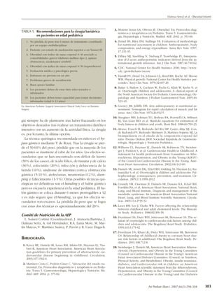 Dalmau Serra J et al. Obesidad Infantil



                                                                               3. Moreno Aznar LA, Olivera JE. Obesidad. En: Protocolos diag-
TABLA 5. Recomendaciones para la cirugía bariátrica                               nósticos y terapéuticos en Pediatría. Tomo 5. Gastroenterolo-
         en pacientes en edad pediátrica                                          gía, Hepatología y Nutrición. Madrid: AEP. 2002. p. 353-60.
    1. No pérdida de peso tras 6 meses de tratamiento coordinado               4. Zemel BS, Riley EM, Stallings VA. Evaluation of methodology
       por un equipo multidisciplinar                                             for nutritional assessment in children: Anthropometry, body
                                                                                  composition, and energy expenditure. Annu Rev Nutr. 1997;
    2. Paciente con estado de maduración superior a un Tanner III
                                                                                  17:211-35.
    3. Obesidad con índice de masa corporal Ն 40 asociado a
                                                                               5. Dibley MJ, Staehling N, Nieburg P, Trowbridge FL. Interpreta-
       comorbilidades graves (diabetes mellitus tipo 2, apneas
                                                                                  tion of Z-score anthropometric indicators derived from the in-
       obstructivas, seudotumor cerebrii)                                         ternational growth reference. Am J Clin Nutr. 1987;46:749-62.
    4. Obesidad con índice de masa corporal Ն 50 (superobesos)
                                                                               6. CDC. National Center for Health Statistics 2000. http://www.
    5. Evaluación médica y psicológica previa                                     cdc./growthcharts/zscore
    6. Embarazo no previsto en un año                                          7. Hamill PV, Drizd TA, Johnson CL, Reed RB, Roche AF, Moose
    7. Problemas graves de socialización                                          WM. Physical growth: National Center for Health Statistics per-
                                                                                  centiles. Am J Clin Nutr. 1979;32:607-29.
    8. Buen apoyo familiar
                                                                               8. Baker S, Barlow S, Cochran W, Fuchs G, Klish W, Krebs N, et
    9. Los pacientes deben de estar bien seleccionados e
                                                                                  al. Overweight children and adolescents: A clinical report of
       informados                                                                 the North American Society for Pediatric Gastroenterology, He-
   10. Los pacientes deben tener capacidad para tomar decisiones                  patology and Nutrition. J Pediatr Gastroenterol Nutr. 2005;40:
       informadas (edad Ն 13 años)                                                533-43.
De American Pediatric Surgical Association Clinical Task Force on Bariatric    9. Gurney JM, Jelliffe DB. Arm anthropometry in nutritional as-
Surgery.                                                                          sessment: Nomogram for rapid calculation of muscle and fat
                                                                                  areas. Am J Clin Nutr. 1973;26:912-5.
                                                                              10. Slaughter MH, Lohman TG, Boileau RA, Horswill CA, Stillman
gía siempre ha de plantearse tras haber fracasado en los                          RJ, Van Loan MD, et al. Skinfold equations for estimation of
objetivos deseados tras realizar un tratamiento dietético                         body fatness in children and youth. Hum Biol. 1988;60:709-23.
intensivo con un aumento de la actividad física. La cirugía                   11. Alonso Franch M, Redondo del Río MP, Castro Alija MJ, Con-
                                                                                  de Redondo FV, Redondo Merinero D, Martínez Sopena MJ. La
es, por lo tanto, la última opción.                                               bioimpedancia en el estudio de la composición corporal del
  La técnica quirúrgica recomendada en niños es el by-                            niño. Premio Ordesa 2000. Sociedad Española de Gastroente-
pass gástrico mediante Y de Roux. Tras la cirugía se pier-                        rología, Hepatología y Nutrición Pediátrica.
de el 50-60 % del peso, pérdida que en la mayoría de los                      12. Williams CL, Hayman LL, Daniels SR, Robinson TN, Steinber-
pacientes se mantiene al cabo de los años. Los efectos se-                        ger J, Paridon S, et al. Cardiovascular Health in Childhood: A
                                                                                  statement for health professionals from Committee on Athe-
cundarios que se han encontrado son déficit de hierro                             rosclerosis, Hypertension, and Obesity in the Young (AHOY)
(50 % de los casos), de ácido fólico, de tiamina y de calcio                      of the Council on Cardiovascular Disease in the Young, Ame-
(30 %), colecistitis (20 %), infección y dehiscencia de la                        rican Heart Association. Circulation. 2002;106:143-60.
herida (10 %), síndrome de intestino corto y obstrucción                      13. Daniels SR, Arnett DK, Eckel RH, Gidding SS, Hayman LL, Ku-
                                                                                  manyika S, et al. Overweight in children and adolescents: Pat-
gástrica (5-10 %), atelectasias, neumonías (12 %), dum-                           hophysiology, consequences, prevention, and treatment. Cir-
ping y fallecimiento (1-5 %). Otras posibles técnicas qui-                        culation. 2005;111:1999-2012.
rúrgicas no definitivas son el banding y el balón gástrico                    14. Grundy SM, Cleeman JI, Daniels SR, Donato KA, Eckel RH,
pero es escasa la experiencia en la edad pediátrica. El ba-                       Franklin BA, et al; American Heart Association; National Heart,
                                                                                  Lung, and Blood Institute. Diagnosis and management of the
lón gástrico se coloca durante 6 meses prorrogables a 12                          metabolic syndrome: An American Heart Association/National
y es más seguro que el banding, ya que los efectos se-                            Heart, Lung, and Blood Institute Scientific Statement. Circula-
cundarios son escasos. La pérdida de peso que se logra                            tion. 2005;112:2735-52.
con estas dos técnicas es aproximadamente del 20 %.                           15. Lauer RM, Lee J, Clarke WR. Factors affecting the relationship
                                                                                  between childhood and adult cholesterol levels: The Muscati-
                                                                                  ne Study. Pediatrics. 1988;82:309-18.
Comité de Nutrición de la AEP
                                                                              16. Freedman DS, Dietz WH, Srinivasan SR, Berenson GS. The re-
   L. Suárez Cortina (Coordinadora), J. Aranceta Bartrina, J.                     lation of overweight to cardiovascular risk factors among chil-
Dalmau Serra, A. Gil Hernández, R.A. Lama More, M. Mar-                           dren and adolescents: The Bogalusa Heart Study. Pediatrics.
tín Mateos, V. Martínez Suárez, P. Pavón y R. Uauy Dagach.                        1999;103:1175-82.
                                                                              17. Freedman DS, Khan LK, Dietz WH, Srinivasan SR, Berenson
                                                                                  GS. Relationship of childhood obesity to coronary heart dise-
BIBLIOGRAFÍA                                                                      ase risk factors in adulthood: The Bogalusa Heart Study. Pe-
                                                                                  diatrics. 2001:108:712-8.
 1. Kavey RE, Daniels SR, Lauer RM, Atkins DL, Hayman LL, Tau-
    bert K; American Heart Association. American Heart Associa-               18. Steinberger J, Daniels SR; American Heart Association Atheros-
    tion guidelines for primary prevention of atherosclerotic car-                clerosis, Hypertension, and Obesity in the Young Committee
    diovascular disease beginning in childhood. Circulation.                      (Council on Cardiovascular Disease in the Young); American
    2003;107:1562-6.                                                              Heart Association Diabetes Committee (Council on Nutrition,
                                                                                  Physical Activity, and Metabolism). Obesity, insulin resistance,
 2. Martínez Costa C, Pedrón Giner C. Valoración del estado nu-                   diabetes, and cardiovascular risk in children: an American
    tricional. En: Protocolos diagnósticos y terapéuticos en Pedia-               Heart Association scientific statement from the Atherosclerosis,
    tría. Tomo 5. Gastroenterología, Hepatología y Nutrición. Ma-                 Hypertension, and Obesity in the Young Committee (Council
    drid: AEP. 2002. p. 375-82.                                                   on Cardiovascular Disease in the Young) and the Diabetes



                                                                                                          An Pediatr (Barc). 2007;66(3):294-304            303
 