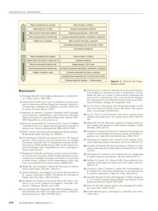 Lama More RA, et al. Obesidad Infantil




                               Mayor prevalencia en varones                      Peso al nacer > 3.500 g

                                  Edad entre 6 y 13 años                     Ausencia de lactancia materna

                              Bajo nivel de instrucción materno            Ingesta grasa elevada (> 38% kcal)
                OBESIDAD




                             Nivel socioeconómico familiar bajo    Consumo elevado de bollería, embutidos y refrescos

                                   Región sur y Canarias                   Bajo consumo de frutas y verduras

                                                                     Actividades sedentarias (ver TV más de 3 h/día)

                                                                                 No práctica de deporte



                               Mayor prevalencia en mujeres                      Peso al nacer < 3.500 g

                            Edad menor de 6 años o mayor de 14                     Lactancia materna
                NORMOPESO




                              Nivel de instrucción materno alto                Ingesta grasa (< 35% kcal)

                             Nivel socioeconómico familiar alto   Consumo moderado de bollería, embutidos y refrescos

                                  Región noroeste y norte               Consumo adecuado de frutas y verduras

                                                                   Actividad física moderada (ver TV menos de 2 h/día)

                                                                       Práctica deportiva habitual   2 días semana
                                                                                                                           Figura 4. Factores de riesgo.
                                                                                                                           Estudio enKid.

           BIBLIOGRAFÍA                                                                      12. Tojo R, Leis R y Comité de Nutrición de la Asociación Españo-
                                                                                                 la de Pediatría. La obesidad en niños y adolescentes, una epi-
             1. Estrategia Mundial sobre Régimen Alimentario, Actividad Físi-                    demia del siglo XXI. Causas y consecuencias. Estrategias de
                ca y Salud. Genève: OMS; 2004.                                                   prevención e intervención. Eds. Universidad de Santiago
                                                                                                 de Compostela-Novartis Medical Nutrition-Asociación Espa-
             2. Orden SCO/66/2004 por la que se establecen las directrices                       ñola de Pediatría. Santiago de Compostela; 2004.
                para la elaboración del Plan Integral de obesidad, Nutrición y
                actividad física. Ministerio de Sanidad y Consumo. BOE núm                   13. Leis R, Tojo R. Atherogenic diet, blood lipid profile in chil-
                19. Jueves 22 enero 2004. p. 2790-1.                                             dren and adolescents from Galicia NW Spain. The Galinut
                                                                                                 Study. Acta Paediatr. 1999;88:19-23.
             3. Ministerio de Sanidad y Consumo. Estrategia NAOS. Estrategia
                para la nutrición, actividad física y prevención de la obesidad.             14. Leis R, Tojo R. Cardiovascular risk factors among obese
                Agencia Española de Seguridad Alimentaria. Madrid: MSC;                          children and adolescents. The Galinut Study. JPGN. 2004;39:
                2005. Disponible en: www.aesa.msc.es                                             468.

             4. Moore H, Summerbell CD, Greenwood DC, Tovey P, Griffiths                     15. Ahima RS, Osei SY. Molecular regulation of eating behaviour:
                J, Henderson M, et al. Improving management of obesity in                        New insights and prospects for therapeutic strategies. Trends
                primary care: Cluster randomised trial. BMJ. 2003;327:1085.                      Mol Med. 2001;7:205-13.
             5. WHO. Obesity: preventing and managing the global epidemic.                   16. Yoshihara F, Kojima M, Hosoda H, Nakazako M, Kangawa K.
                World Health Organ Tech Rep Ser. 2000;894.                                       Ghrelin: A novel peptide for hormone release and feeding re-
                                                                                                 gulation. Curr Opin Clin Nutr Metabol Care. 2002;5:391-5.
             6. US Department of Health and Human Services. The surgeon
                general’s call to action to prevent and decrease overweight                  17. Gil-Campos M, Aguilera CM, Cañete R, Gil A. Ghrelin: A hor-
                and obesity. Rockville, MD: US Department of Health and Hu-                      mone regulating energy homeostasis. Br J Nutr. 2006;95:1-27.
                man Services, Public Health Service, Office of the Surgeon Ge-               18. González M, Bastidas BE, Ruiz B, Godinez S, Panduro A. Fun-
                neral, Washington 2001. Disponible en: www.surgeongene-                          ciones endocrinas de la célula adiposa. Endocrinol Nutr. 2002;
                ral.gov/topics/obesity/                                                          10:140-6.
             7. Department of Health and Human Services Centers for Disea-                   19. Gil-Campos M, Cañete R, Gil A. Adiponectin, the missing link
                se Control and Prevention. Public Health Strategies for pre-                     in insulin resistance and obesity. Clin Nutr. 2004;23:963-74.
                venting and controlling overweight and obesity in school and
                worksite setting. A Report on Recommendations of the Task                    20. McMinn JE, Bassin DG, Schwartz MW. Neuroendocrine me-
                Force on Community. Preventive Services. MMWR 2005.                              chanisms regulating food intake and body weight. Obs Rev.
                                                                                                 2000;137-46.
             8. Baskin ML, Ard J, Franklin F, Allison DB. Prevalence of obesity
                in the United States. Obes Rev. 2005;6:5-7.                                  21. Cabrerizo L, Ruiz C, Moreno C, Rubio MA. Fisiopatología de
                                                                                                 la obesidad. En: Nutrición y metabolismo en los trastornos de
             9. Aranceta Bartrina J, Serra Majen L, Foz-Sala M, Moreno-Estevan                   la conducta alimentaria. A Miján Ed. Glosa. 2004;181-92.
                B, y grupo colaborativo SEEDO. Prevalencia de obesidad en
                España. Med Clin (Barc). 2005;125:460-6.                                     22. Saad MF, Bernaba B, Hwu CM, Jinagouda S, Fahmi S, Kogosov
                                                                                                 E, et al. Insulin regulates plasma ghrelin concentration. J Clin
           10. Hernández M, Castellet J, Narvaiza JL, Rincón JM, Ruiz I, Sán-                    Endocrinol Metabol. 2002;87:3997-4000.
               chez E, et al. Curvas y tablas de crecimiento y desarrollo. Fun-
               dación F. Orbegozo. Madrid: Garsi; 1988.                                      23. Puerta M. El tejido adiposo pardo como amortiguador energé-
                                                                                                 tico. Nutr Obes. 1998;1:176-83.
           11. Cole TJ, Bellizi MC, Flegal KM, Dietz WH. Establishing a stan-
               dard definition for child overweight and obesity worldwide:                   24. Portillo MP. Receptores adrenérgicos y obesidad. Nutr Obes.
               International survey. BMJ. 2000;320:1240-3.                                       1998;1:183-9.



614        An Pediatr (Barc). 2006;65(6):607-15
 