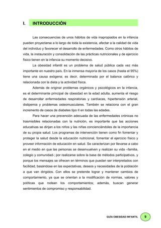 I. I INTRODUCCIÓN                                              l                  .


       Las consecuencias de unos hábitos de vida inapropiados en la infancia
pueden proyectarse a lo largo de toda la existencia, afectar a la calidad de vida
del individuo y favorecer el desarrollo de enfermedades. Como otros hábitos de
vida, la instauración y consolidación de las prácticas nutricionales y de ejercicio
físico tienen en la infancia su momento decisivo.
       La obesidad infantil es un problema de salud pública cada vez más
importante en nuestro país. En la inmensa mayoría de los casos (hasta el 95%)
tiene una causa exógena; es decir, determinada por el balance calórico y
relacionada con la dieta y la actividad física.
       Además de originar problemas orgánicos y psicológicos en la infancia,
es el determinante principal de obesidad en la edad adulta, aumenta el riesgo
de desarrollar enfermedades respiratorias y cardíacas, hipertensión arterial,
dislipemia y problemas osteomusculares. También se relaciona con el gran
incremento de casos de diabetes tipo II en todas las edades.
       Para hacer una prevención adecuada de las enfermedades crónicas no
trasmisibles relacionadas con la nutrición, es importante que las acciones
educativas se dirijan a los niños y las niñas concienciándoles de la importancia
de su propia salud. Los programas de intervención tienen como fin fomentar y
proteger la salud desde la educación nutricional, fomentar el ejercicio físico y
proveer información de educación en salud. Se caracterizan por llevarse a cabo
en el medio en que las personas se desenvuelven y realizan su vida –familia,
colegio y comunidad-; por realizarse sobre la base de métodos participativos, y
porque los mensajes se ofrecen en términos que puedan ser interpretados con
facilidad, basándose en las expectativas, deseos y necesidades de la población
a que van dirigidos. Con ellos se pretende lograr y mantener cambios de
comportamiento, ya que se orientan a la modificación de normas, valores y
políticas   que   rodean   los   comportamientos;    además,       buscan   generar
sentimientos de compromiso y responsabilidad.




                                                            GUÍA OBESIDAD INFANTIL    9
 