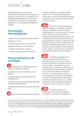 GUIÃO DE EDUCAÇÃO.
GÉNERO E CIDADANIA           2 Ciclo

dificuldades essas que só podem ser                              e alunas, a professora ou professor deverá
minimizadas precisamente pelo seu estudo. Só                     dividir a turma em dois grandes grupos, de
sabendo da existência de um Programa como                        modo a que um conjunto de estudantes trabalhe
o Tesouros Humanos Vivos2, por exemplo, é                        o artesanato e outro conjunto se debruce sobre
possível a alunos e alunas, por comparação,                      os contos e lendas.
aperceberem-se da riqueza patrimonial que os
circunda.
                                                                 3a          A partir do conceito de artesanato,
                                                                 eleger três produtos considerados tradicionais
Estratégias                                                      da região e identificar se quem os executa
                                                                 tradicionalmente, em termos de sexo, o continua
Metodológicas                                                    a fazer. O trabalho no terreno deverá ser
                                                                 desenvolvido por equipas de pares mistos, com
» Trabalho de pares, para entrevistas e recolha                  entrevistas a artesãs e artesãos do concelho. A
de dados no terreno                                              recolha de dados no terreno compreenderá uma
                                                                 abordagem por sexo levando à identificação de
» Organização pela Turma de uma jornada
                                                                 atividades artesanais mais praticadas, quem as
dedicada ao Património Local Imaterial                           praticava e quem as pratica, consciencializando
» Criação de vídeos para o Youtube                               ainda os alunos e as alunas para as dificuldades
» Propostas de valorização do Património                         de subsistência dessas mesmas atividades.



Desenvolvimento da
                                                                 4a           A atividade prosseguirá com a
                                                                 iniciativa ArtEscola, pretendendo levar o
atividade                                                        artesanato até às escolas, de duas formas:
                                                                 valorizando mestres e mestras de ofícios que

1     Apresentação da atividade a partir das
                                                                 ainda subsistem e aprendendo com eles e
                                                                 com elas. Assim, as citadas Jornadas, além da
seguintes questões orientadoras:                                 apresentação dos dados recolhidos, contariam
» Que ideias tenho sobre Património e os seus                    com a presença de mestres e mestras do
agentes?                                                         concelho, com demonstrações na Escola, e
                                                                 com organização de oficinas de aprendizagem.
» Conheço o Património Tradicional do meu
                                                                 Um grupo de estudantes ficará encarregado
concelho/região?
                                                                 da recolha de imagens, sendo que o material
» Conheço os contos e as lendas ligados à formação               recolhido deverá ser trabalhado para posterior
da minha aldeia/vila/cidade?                                     criação de um vídeo a colocar no youtube.


                                                                 3b
» Quem poderá facultar-me informação sobre este
tema?
                                                                            A atividade baseia-se na

2
                                                                 inventariação de contos e lendas ligados
       De acordo com as preferências de alunos                   à fundação e à história das povoações e à



incluindo a língua como vetor do património cultural imaterial” e e) – “ Aptidões ligadas ao artesanato tradicional” da citada
página como manifestação de Património imaterial. Recomenda-se também a visita à página sobre Património Oral Imaterial
da Humanidade, http://portal.unesco.org/culture/en/ev.php-URL_ID=34325&URL_DO=DO_TOPIC&URL_SECTION=201.
html (em espanhol, francês ou inglês), ou ainda do link http://www.unesco.org/culture/ich/index.php?lg=EN&pg=home.
2
  A verificação de exemplos pode ser vista no link: http://www.unesco.org/culture/ich/index.php?pg=00061&lg=EN.



136      Lisboa, CIG, 2012
 