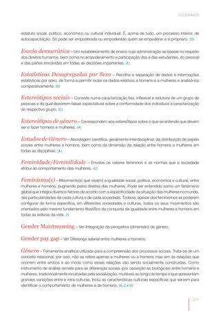 GLOSSÁRIO



estatuto social, político, económico ou cultural individual. É, acima de tudo, um processo interior, de
autocapacitação. Só pode ser empoderada ou empoderado quem se empoderar a si própria/o. (D)


Escola democrática – Um estabelecimento de ensino cuja administração se baseie no respeito
dos direitos humanos, bem como no empoderamento e participação dos e das estudantes, do pessoal
e das partes envolvidas em todas as decisões importantes. (F)

Estatísticas Desagregadas por Sexo – Recolha e separação de dados e informações
estatísticas por sexo, de forma a permitir isolar os dados relativos a homens e a mulheres e analisá-los
comparativamente. (D)

Estereótipos sociais – Consiste numa caracterização fixa, inflexível e redutora de um grupo de
pessoas e da qual decorrem falsas expectativas sobre a conformidade dos indivíduos à caracterização
do respectivo grupo. (C)

Estereótipos de género – Correspondem aos estereótipos sobre o que se entende que devem
ser e fazer homens e mulheres. (A)

Estudos de Género – Abordagem científica, geralmente interdisciplinar, da distribuição de papéis
sociais entre mulheres e homens, bem como da dimensão da relação entre homens e mulheres em
todas as disciplinas. (A)

Feminidade/Feminilidade            – Envolve os valores femininos e as normas que a sociedade
atribui ao comportamento das mulheres. (C)

Feminismo(s) – Movimento(s) que visa(m) a igualdade social, política, económica e cultural, entre
mulheres e homens, pugnando pelos direitos das mulheres. Pode ser entendido como um fenómeno
global que integra diversos fatores de acordo com a especificidade da situação das mulheres no mundo,
das particularidades da cada cultura e de cada sociedade. Todavia, apesar dos feminismos se poderem
configurar de forma específica, em diferentes sociedades e culturas, todos os seus movimentos são
orientados pelo mesmo fundamento filosófico da conquista da igualdade entre mulheres e homens em
todas as esferas da vida. (I)

Gender Maistreaming – Ver Integração da perspetiva (dimensão) de género.

Gender pay gap – Ver Diferença salarial entre mulheres e homens.

Género – Ferramenta analítica utilizada para a compreensão dos processos sociais. Trata-se de um
conceito relacional, por isso, não se refere apenas a mulheres ou a homens mas sim às relações que
ocorrem entre ambos e ao modo como essas relações vão sendo socialmente construídas. Como
instrumento de análise remete para as diferenças sociais (por oposição às biológicas) entre homens e
mulheres, tradicionalmente inculcadas pela socialização, mutáveis ao longo do tempo e que apresentam
grandes variações entre e intra culturas. Inclui as características culturais específicas que servem para
identificar o comportamento de mulheres e de homens. (A, C e D)


                                                                                                     217
 