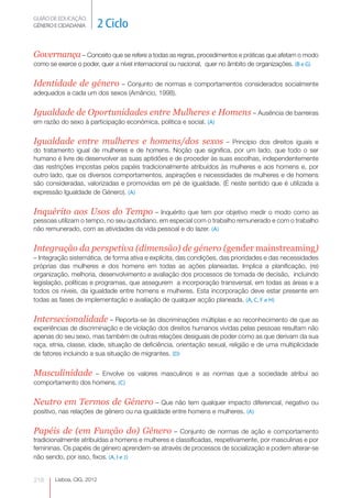 GUIÃO DE EDUCAÇÃO.
GÉNERO E CIDADANIA          2 Ciclo

Governança – Conceito que se refere a todas as regras, procedimentos e práticas que afetam o modo
como se exerce o poder, quer a nível internacional ou nacional, quer no âmbito de organizações. (B e G)


Identidade de género – Conjunto de normas e comportamentos considerados socialmente
adequados a cada um dos sexos (Amâncio, 1998).


Igualdade de Oportunidades entre Mulheres e Homens – Ausência de barreiras
em razão do sexo à participação económica, política e social. (A)


Igualdade entre mulheres e homens/dos sexos                        – Princípio dos direitos iguais e
do tratamento igual de mulheres e de homens. Noção que significa, por um lado, que todo o ser
humano é livre de desenvolver as suas aptidões e de proceder às suas escolhas, independentemente
das restrições impostas pelos papéis tradicionalmente atribuídos às mulheres e aos homens e, por
outro lado, que os diversos comportamentos, aspirações e necessidades de mulheres e de homens
são consideradas, valorizadas e promovidas em pé de igualdade. (É neste sentido que é utilizada a
expressão Igualdade de Género). (A)


Inquérito aos Usos do Tempo – Inquérito que tem por objetivo medir o modo como as
pessoas utilizam o tempo, no seu quotidiano, em especial com o trabalho remunerado e com o trabalho
não remunerado, com as atividades da vida pessoal e do lazer. (A)


Integração da perspetiva (dimensão) de género (gender mainstreaming)
– Integração sistemática, de forma ativa e explícita, das condições, das prioridades e das necessidades
próprias das mulheres e dos homens em todas as ações planeadas. Implica a planificação, (re)
organização, melhoria, desenvolvimento e avaliação dos processos de tomada de decisão, incluindo
legislação, políticas e programas, que assegurem a incorporação transversal, em todas as áreas e a
todos os níveis, da igualdade entre homens e mulheres. Esta incorporação deve estar presente em
todas as fases de implementação e avaliação de qualquer acção planeada. (A, C, F e H)


Intersecionalidade – Reporta-se às discriminações múltiplas e ao reconhecimento de que as
experiências de discriminação e de violação dos direitos humanos vividas pelas pessoas resultam não
apenas do seu sexo, mas também de outras relações desiguais de poder como as que derivam da sua
raça, etnia, classe, idade, situação de deficiência, orientação sexual, religião e de uma multiplicidade
de fatores incluindo a sua situação de migrantes. (D)


Masculinidade      – Envolve os valores masculinos e as normas que a sociedade atribui ao
comportamento dos homens. (C)


Neutro em Termos de Género – Que não tem qualquer impacto diferencial, negativo ou
positivo, nas relações de género ou na igualdade entre homens e mulheres. (A)


Papéis de (em Função do) Género – Conjunto de normas de ação e comportamento
tradicionalmente atribuídas a homens e mulheres e classificadas, respetivamente, por masculinas e por
femininas. Os papéis de género aprendem-se através de processos de socialização e podem alterar-se
não sendo, por isso, fixos. (A, I e J)


218     Lisboa, CIG, 2012
 