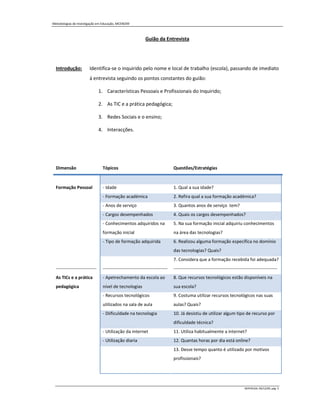 Metodologias de Investigação em Educação, MCEM/09



                                                              Guião da Entrevista




  Introdução:           Identifica-se o inquirido pelo nome e local de trabalho (escola), passando de imediato
                        à entrevista seguindo os pontos constantes do guião:

                                1. Características Pessoais e Profissionais do Inquirido;

                                2. As TIC e a prática pedagógica;

                                3. Redes Sociais e o ensino;

                                4. Interacções.




  Dimensão                        Tópicos                                       Questões/Estratégias


  Formação Pessoal                - Idade                                       1. Qual a sua idade?
                                  - Formação académica                          2. Refira qual a sua formação académica?
                                  - Anos de serviço                             3. Quantos anos de serviço tem?
                                  - Cargos desempenhados                        4. Quais os cargos desempenhados?
                                  - Conhecimentos adquiridos na                 5. Na sua formação inicial adquiriu conhecimentos
                                  formação inicial                              na área das tecnologias?
                                  - Tipo de formação adquirida                  6. Realizou alguma formação específica no domínio
                                                                                das tecnologias? Quais?
                                                                                7. Considera que a formação recebida foi adequada?
  ---------------------------     -------------------------------------------   ---------------------------------------------------------------------
  As TICs e a prática             - Apetrechamento da escola ao                 8. Que recursos tecnológicos estão disponíveis na
  pedagógica                      nível de tecnologias                          sua escola?
                                  - Recursos tecnológicos                       9. Costuma utilizar recursos tecnológicos nas suas
                                  utilizados na sala de aula                    aulas? Quais?
                                  - Diificuldade na tecnologia                  10. Já desistiu de utilizar algum tipo de recurso por
                                                                                dificuldade técnica?
                                  - Utilização da internet                      11. Utiliza habitualmente a internet?
                                  - Utilização diaria                           12. Quantas horas por dia está online?
                                                                                13. Desse tempo quanto é utilizado por motivos
                                                                                profissionais?




                                                                                                                               MIPERUSA, 09/12/09, pág. 5
 