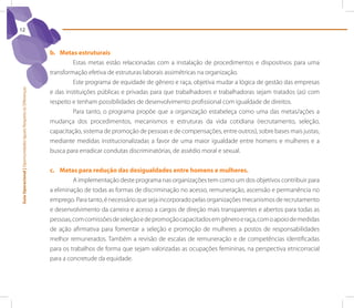 12



                                                                 b. Metas estruturais
                                                                          Estas metas estão relacionadas com a instalação de procedimentos e dispositivos para uma
                                                                 transformação efetiva de estruturas laborais assimétricas na organização.
                                                                          Este programa de equidade de gênero e raça, objetiva mudar a lógica de gestão das empresas
Guia Operacional | Oportunidades Iguais Respeito às Diferenças




                                                                 e das instituições públicas e privadas para que trabalhadores e trabalhadoras sejam tratados (as) com
                                                                 respeito e tenham possibilidades de desenvolvimento profissional com igualdade de direitos.
                                                                          Para tanto, o programa propõe que a organização estabeleça como uma das metas/ações a
                                                                 mudança dos procedimentos, mecanismos e estruturas da vida cotidiana (recrutamento, seleção,
                                                                 capacitação, sistema de promoção de pessoas e de compensações, entre outros), sobre bases mais justas,
                                                                 mediante medidas institucionalizadas a favor de uma maior igualdade entre homens e mulheres e a
                                                                 busca para erradicar condutas discriminatórias, de assédio moral e sexual.


                                                                 c. Metas para redução das desigualdades entre homens e mulheres.
                                                                          A implementação deste programa nas organizações tem como um dos objetivos contribuir para
                                                                 a eliminação de todas as formas de discriminação no acesso, remuneração, ascensão e permanência no
                                                                 emprego. Para tanto, é necessário que seja incorporado pelas organizações mecanismos de recrutamento
                                                                 e desenvolvimento da carreira e acesso a cargos de direção mais transparentes e abertos para todas as
                                                                 pessoas, com comissões de seleção e de promoção capacitados em gênero e raça, com o apoio de medidas
                                                                 de ação afirmativa para fomentar a seleção e promoção de mulheres a postos de responsabilidades
                                                                 melhor remunerados. Também a revisão de escalas de remuneração e de competências identificadas
                                                                 para os trabalhos de forma que sejam valorizadas as ocupações femininas, na perspectiva etnicorracial
                                                                 para a concretude da equidade.
 
