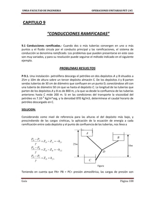 UMSA-FACULTAD DE INGENIERIA OPERACIONES UNITARIAS PET-245
Guía Página 108
CAPITULO 9
“CONDUCCIONES RAMIFICADAS”
9.1 Conducciones ramificadas.- Cuando dos o más tuberías convergen en uno o más
puntos y el fluido circula por el conducto principal y las ramificaciones, el sistema de
conducción se denomina ramificado. Los problemas que pueden presentarse en este caso
son muy variados, y para su resolución puede seguirse el método indicado en el siguiente
ejemplo.
PROBLEMAS RESUELTOS
P-9.1. Una instalación- petrolífera descarga el petróleo en dos depósitos A y B situados a
25m y 10m de altura sobre un tercer depósito almacén C. De los depósitos A y B parten
sendas tuberías de 30 cm de diámetro que confluyen en un punto D, conectándose allí con
una tubería de diámetro 50 cm que va hasta el depósito C. La longitud de las tuberías que
parten de los depósitos A y B es de 800 m, y la que va desde la confluencia de las tuberías
anteriores hasta C mide 200 m. Si en las condiciones del transporte la viscosidad del
petróleo es 7.10-4
Kg/m*seg, y la densidad 870 Kg/m3, determínese el caudal horario de
petróleo descargado en C.
SOLUCION:
Considerando como nivel de referencia para las alturas el del depósito más bajo, y
prescindiendo de las cargas cinéticas, la aplicación de la ecuación de energía a cada
ramificación entre cada depósito y el punto de confluencia de las tuberías, nos lleva a
1fAD
AD
hZZ
PP



2fBD
BD
hZZ
PP



3fD
CD
hZ
PP



Teniendo en cuenta que PA= PB = PC= presión atmosférica, las cargas de presión son
A
B
m25
m10
C
Figura
D
 