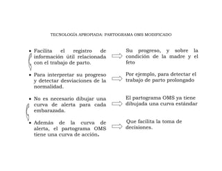 TECNOLOGÍA APROPIADA: PARTOGRAMA OMS MODIFICADO



• Facilita   el   registro  de       Su progreso, y sobre la
  información útil relacionada       condición de la madre y el
  con el trabajo de parto.           feto

• Para interpretar su progreso       Por ejemplo, para detectar el
  y detectar desviaciones de la      trabajo de parto prolongado
  normalidad.

• No es necesario dibujar una        El partograma OMS ya tiene
  curva de alerta para cada          dibujada una curva estándar
  embarazada.

• Además de la curva de              Que facilita la toma de
  alerta, el partograma OMS          decisiones.
  tiene una curva de acción.
 