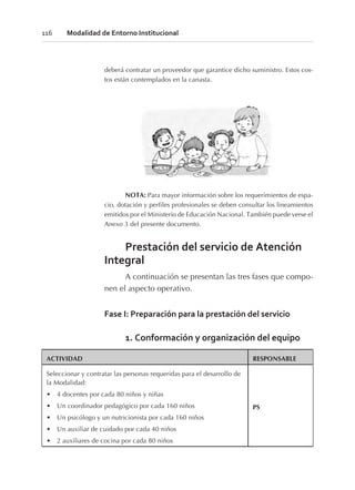 deberá contratar un proveedor que garantice dicho suministro. Estos cos-
tos están contemplados en la canasta.
NOTA: Para mayor información sobre los requerimientos de espa-
cio, dotación y perfiles profesionales se deben consultar los lineamientos
emitidos por el Ministerio de Educación Nacional. También puede verse el
Anexo 3 del presente documento.
Prestación del servicio de Atención
Integral
A continuación se presentan las tres fases que compo-
nen el aspecto operativo.
Fase I: Preparación para la prestación del servicio
1. Conformación y organización del equipo
ACTIVIDAD RESPONSABLE
Seleccionar y contratar las personas requeridas para el desarrollo de
la Modalidad:
• 4 docentes por cada 80 niños y niñas
• Un coordinador pedagógico por cada 160 niños
• Un psicólogo y un nutricionista por cada 160 niños
• Un auxiliar de cuidado por cada 40 niños
• 2 auxiliares de cocina por cada 80 niños
PS
116 Modalidad de Entorno Institucional
 