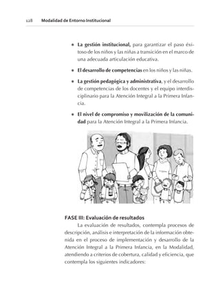l La gestión institucional, para garantizar el paso éxi-
toso de los niños y las niñas a transición en el marco de
una adecuada articulación educativa.
l El desarrollo de competencias en los niños y las niñas.
l La gestión pedagógica y administrativa, y el desarrollo
de competencias de los docentes y el equipo interdis-
ciplinario para la Atención Integral a la Primera Infan-
cia.
l El nivel de compromiso y movilización de la comuni-
dad para la Atención Integral a la Primera Infancia.
FASE III: Evaluación de resultados
La evaluación de resultados, contempla procesos de
descripción, análisis e interpretación de la información obte-
nida en el proceso de implementación y desarrollo de la
Atención Integral a la Primera Infancia, en la Modalidad,
atendiendo a criterios de cobertura, calidad y eficiencia, que
contempla los siguientes indicadores:
128 Modalidad de Entorno Institucional
 
