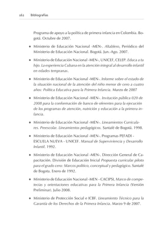 Programa de apoyo a la política de primera infancia en Colombia. Bo-
gotá. Octubre de 2007.
l Ministerio de Educación Nacional -MEN-. Altablero, Periódico del
Ministerio de Educación Nacional. Bogotá. Jun.-Ago. 2007.
l Ministerio de Educación Nacional -MEN-, UNICEF, CELEP. Educa a tu
hijo. La experiencia Cubana en la atención integral al desarrollo infantil
en edades tempranas.
l Ministerio de Educación Nacional -MEN-. Informe sobre el estado de
la situación nacional de la atención del niño menor de cero a cuatro
años: Política Educativa para la Primera Infancia. Marzo de 2007
l Ministerio de Educación Nacional -MEN-. Invitación pública 020 de
2008 para la conformación de banco de oferentes para la ejecución
de los programas de atención, nutrición y educación a la primera in-
fancia.
l Ministerio de Educación Nacional -MEN-. Lineamientos Curricula-
res. Preescolar. Lineamientos pedagógicos. Santafé de Bogotá. 1998.
l Ministerio de Educación Nacional -MEN-. Programas PEFADI -
ESCUELA NUEVA - UNICEF. Manual de Superviviencia y Desarrollo
Infantil. 1992.
l Ministerio de Educación Nacional -MEN-. Dirección General de Ca-
pacitación. División de Educación Inicial Propuesta curricular piloto
para el grado cero: Marcos político, conceptual y pedagógico. Santafé
de Bogota. Enero de 1992.
l Ministerio de Educación Nacional -MEN - CACIPSI, Marco de compe-
tecias y orientaciones educativas para la Primera Infancia (Versión
Preliminar). Julio 2008.
l Ministerio de Protección Social e ICBF. Lineamiento Técnico para la
Garantía de los Derechos de la Primera Infancia. Marzo 9 de 2007.
162 Bibliografías
 