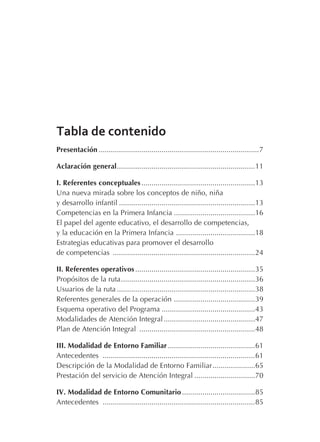 Tabla de contenido
Presentación ...............................................................................7
Aclaración general....................................................................11
I. Referentes conceptuales........................................................13
Una nueva mirada sobre los conceptos de niño, niña
y desarrollo infantil ...................................................................13
Competencias en la Primera Infancia ........................................16
El papel del agente educativo, el desarrollo de competencias,
y la educación en la Primera Infancia .......................................18
Estrategias educativas para promover el desarrollo
de competencias ......................................................................24
II. Referentes operativos...........................................................35
Propósitos de la ruta..................................................................36
Usuarios de la ruta ....................................................................38
Referentes generales de la operación ........................................39
Esquema operativo del Programa ..............................................43
Modalidades de Atención Integral.............................................47
Plan de Atención Integral .........................................................48
III. Modalidad de Entorno Familiar...........................................61
Antecedentes ...........................................................................61
Descripción de la Modalidad de Entorno Familiar.....................65
Prestación del servicio de Atención Integral ..............................70
IV. Modalidad de Entorno Comunitario....................................85
Antecedentes ...........................................................................85
 