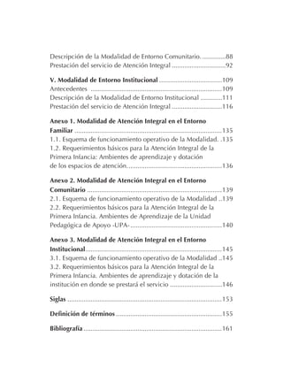 Descripción de la Modalidad de Entorno Comunitario. .............88
Prestación del servicio de Atención Integral ..............................92
V. Modalidad de Entorno Institucional ...................................109
Antecedentes .........................................................................109
Descripción de la Modalidad de Entorno Institucional ............111
Prestación del servicio de Atención Integral ............................116
Anexo 1. Modalidad de Atención Integral en el Entorno
Familiar ..................................................................................135
1.1. Esquema de funcionamiento operativo de la Modalidad. .135
1.2. Requerimientos básicos para la Atención Integral de la
Primera Infancia: Ambientes de aprendizaje y dotación
de los espacios de atención.....................................................136
Anexo 2. Modalidad de Atención Integral en el Entorno
Comunitario ...........................................................................139
2.1. Esquema de funcionamiento operativo de la Modalidad ..139
2.2. Requerimientos básicos para la Atención Integral de la
Primera Infancia. Ambientes de Aprendizaje de la Unidad
Pedagógica de Apoyo -UPA-...................................................140
Anexo 3. Modalidad de Atención Integral en el Entorno
Institucional............................................................................145
3.1. Esquema de funcionamiento operativo de la Modalidad ..145
3.2. Requerimientos básicos para la Atención Integral de la
Primera Infancia. Ambientes de aprendizaje y dotación de la
institución en donde se prestará el servicio .............................146
Siglas ......................................................................................153
Definición de términos ...........................................................155
Bibliografía .............................................................................161
 