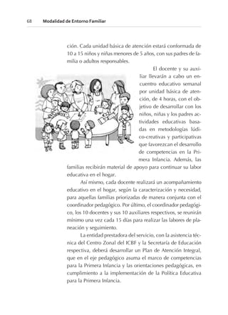 ción. Cada unidad básica de atención estará conformada de
10 a 15 niños y niñas menores de 5 años, con sus padres de fa-
milia o adultos responsables.
El docente y su auxi-
liar llevarán a cabo un en-
cuentro educativo semanal
por unidad básica de aten-
ción, de 4 horas, con el ob-
jetivo de desarrollar con los
niños, niñas y los padres ac-
tividades educativas basa-
das en metodologías lúdi-
co-creativas y participativas
que favorezcan el desarrollo
de competencias en la Pri-
mera Infancia. Además, las
familias recibirán material de apoyo para continuar su labor
educativa en el hogar.
Así mismo, cada docente realizará un acompañamiento
educativo en el hogar, según la caracterización y necesidad,
para aquellas familias priorizadas de manera conjunta con el
coordinador pedagógico. Por último, el coordinador pedagógi-
co, los 10 docentes y sus 10 auxiliares respectivos, se reunirán
mínimo una vez cada 15 días para realizar las labores de pla-
neación y seguimiento.
La entidad prestadora del servicio, con la asistencia téc-
nica del Centro Zonal del ICBF y la Secretaría de Educación
respectiva, deberá desarrollar un Plan de Atención Integral,
que en el eje pedagógico asuma el marco de competencias
para la Primera Infancia y las orientaciones pedagógicas, en
cumplimiento a la implementación de la Política Educativa
para la Primera Infancia.
68 Modalidad de Entorno Familiar
 