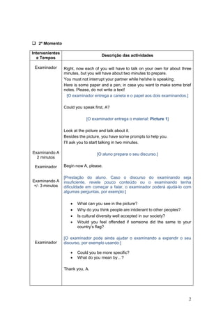  2º Momento

Intervenientes
                                     Descrição das actividades
  e Tempos

 Examinador      Right, now each of you will have to talk on your own for about three
                 minutes, but you will have about two minutes to prepare.
                 You must not interrupt your partner while he/she is speaking.
                 Here is some paper and a pen, in case you want to make some brief
                 notes. Please, do not write a text!
                  [O examinador entrega a caneta e o papel aos dois examinandos.]

                 Could you speak first, A?

                             [O examinador entrega o material: Picture 1]

                 Look at the picture and talk about it.
                 Besides the picture, you have some prompts to help you.
                 I‟ll ask you to start talking in two minutes.

Examinando A                       [O aluno prepara o seu discurso.]
  2 minutos

 Examinador      Begin now A, please.

                 [Prestação do aluno. Caso o discurso do examinando seja
Examinando A     insuficiente, revele pouco conteúdo ou o examinando tenha
 +/- 3 minutos   dificuldade em começar a falar, o examinador poderá ajudá-lo com
                 algumas perguntas, por exemplo:]

                       What can you see in the picture?
                       Why do you think people are intolerant to other peoples?
                       Is cultural diversity well accepted in our society?
                       Would you feel offended if someone did the same to your
                        country‟s flag?

                 [O examinador pode ainda ajudar o examinando a expandir o seu
 Examinador      discurso, por exemplo usando:]

                       Could you be more specific?
                       What do you mean by…?

                 Thank you, A.




                                                                                   2
 