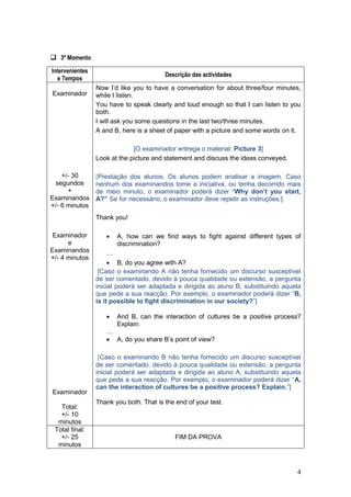  3º Momento
Intervenientes
                                         Descrição das actividades
   e Tempos
                 Now I‟d like you to have a conversation for about three/four minutes,
Examinador       while I listen.
                 You have to speak clearly and loud enough so that I can listen to you
                 both.
                 I will ask you some questions in the last two/three minutes.
                 A and B, here is a sheet of paper with a picture and some words on it.

                              [O examinador entrega o material: Picture 3]
                 Look at the picture and statement and discuss the ideas conveyed.

    +/- 30       [Prestação dos alunos. Os alunos podem analisar a imagem. Caso
  segundos       nenhum dos examinandos tome a iniciativa, ou tenha decorrido mais
      +          de meio minuto, o examinador poderá dizer “Why don’t you start,
Examinandos      A?” Se for necessário, o examinador deve repetir as instruções.]
+/- 6 minutos
                 Thank you!

 Examinador            A, how can we find ways to fight against different types of
      e                 discrimination?
Examinandos           …
+/- 4 minutos
                       B, do you agree with A?
                  [Caso o examinando A não tenha fornecido um discurso susceptível
                 de ser comentado, devido à pouca qualidade ou extensão, a pergunta
                 inicial poderá ser adaptada e dirigida ao aluno B, substituindo aquela
                 que pede a sua reacção. Por exemplo, o examinador poderá dizer “B,
                 is it possible to fight discrimination in our society?”]

                       And B, can the interaction of cultures be a positive process?
                        Explain.
                    …
                     A, do you share B‟s point of view?

                  [Caso o examinando B não tenha fornecido um discurso susceptível
                 de ser comentado, devido à pouca qualidade ou extensão, a pergunta
                 inicial poderá ser adaptada e dirigida ao aluno A, substituindo aquela
                 que pede a sua reacção. Por exemplo, o examinador poderá dizer “A,
                 can the interaction of cultures be a positive process? Explain.”]
Examinador
                 Thank you both. That is the end of your test.
   Total:
   +/- 10
  minutos
 Total final:
   +/- 25                                    FIM DA PROVA
  minutos



                                                                                     4
 