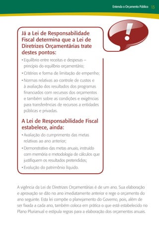 Entenda o Orçamento Público   13




  Já a Lei de Responsabilidade
  Fiscal determina que a Lei de
  Diretrizes Orçamentárias trate
  destes pontos:
  •	Equilíbrio entre receitas e despesas –
    principio do equilíbrio orçamentário;
  •	Critérios e forma de limitação de empenho;
  •	Normas relativas ao controle de custos e
    à avaliação dos resultados dos programas
    financiados com recursos dos orçamentos
    e também sobre as condições e exigências
    para transferências de recursos a entidades
    públicas e privadas.

  A Lei de Responsabilidade Fiscal
  estabelece, ainda:
  •	Avaliação do cumprimento das metas
    relativas ao ano anterior;
  •	Demonstrativo das metas anuais, instruído
    com memória e metodologia de cálculos que
    justifiquem os resultados pretendidos;
  •	Evolução do patrimônio líquido.



A vigência da Lei de Diretrizes Orçamentárias é de um ano. Sua elaboração
e aprovação se dão no ano imediatamente anterior e rege o orçamento do
ano seguinte. Esta lei compõe o planejamento do Governo, pois, além de
ser fixada a cada ano, também coloca em prática o que está estabelecido no
Plano Plurianual e estipula regras para a elaboração dos orçamentos anuais.
 