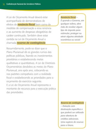16   Confederação Nacional dos Servidores Públicos




     A Lei de Orçamento Anual deverá estar               Renúncia fiscal –
     acompanhada de demonstrativos de                    É quando o Governo, em

     efeitos de renúncia fiscal bem como de              qualquer esfera, abre
                                                         mão de receber algum
     medidas de compensação a essa renúncia
                                                         tipo de imposto para
     e ao aumento de despesas obrigatórias de
                                                         estimular, proteger ou
     caráter continuado. Também deve estar               atrair alguma atividade
     contida na Lei de Orçamento Anual a                 econômica ou social.
     chamada reserva de contingência.

     Resumidamente, pode-se dizer que o
     Plano Plurianual dá os grandes rumos das
     políticas públicas, fixando os investimentos
     prioritários e estabelecendo metas
     qualitativas e quantitativas. A Lei de Diretrizes
     Orçamentárias desdobra as metas do Plano
     Plurianual, ano após ano, colocando-as
     nos padrões compatíveis com a realidade
     fiscal e estabelecendo as prioridades para o
     orçamento do exercício seguinte.
     E a Lei de Orçamento Anual representa o
     montante de recursos para a execução prática
     das prioridades.



                                                         Reserva de contingência
                                                         – Dotação sem
                                                         destinação específica e
                                                         que poderá ser utilizada
                                                         para abertura de
                                                         créditos adicionais.
                                                         Uma espécie de reserva
                                                         para o futuro.
 