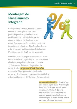 Entenda o Orçamento Público   17




Montagem do
Planejamento
Integrado
Cada governo – União, Estados, Distrito
Federal e Municípios – têm seus
prazos específicos para elaboração
do Plano Plurianual, Lei de Diretrizes
Orçamentárias e Lei de Orçamento
Anual. Esses prazos são previstos em lei e é
importante conhecê-los. Nos Estados, devem
estar presentes na Constituição Estadual; nos
Municípios, na Lei Orgânica do Município.

Na elaboração da proposta orçamentária a ser
encaminhada ao Legislativo, as despesas devem
obedecer a seguinte ordem de prioridade:
1) fixação das despesas obrigatórias; 2)
definição das despesas discricionárias
essenciais; 3) programação das demais
despesas discricionárias, segundo as prioridades
estabelecidas na Lei de Diretrizes Orçamentárias.

                                    Despesa discricionária – Despesa que
                                    está livre de regras ou de determinação
                                    legal. Traduz, de uma maneira geral,
                                    metas e prioridades do Governo.
                                    Despesa discricionária essencial é a
                                    que tem grande importância para a
                                    administração. As outras podem ter sua
                                    execução adiada ou alongada.
 