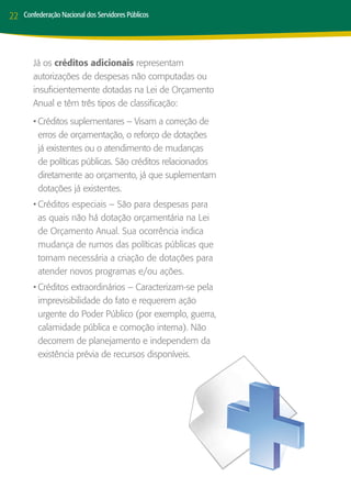 22   Confederação Nacional dos Servidores Públicos




        Já os créditos adicionais representam
        autorizações de despesas não computadas ou
        insuficientemente dotadas na Lei de Orçamento
        Anual e têm três tipos de classificação:
        •	Créditos suplementares – Visam a correção de
          erros de orçamentação, o reforço de dotações
          já existentes ou o atendimento de mudanças
          de políticas públicas. São créditos relacionados
          diretamente ao orçamento, já que suplementam
          dotações já existentes.
        •	Créditos especiais – São para despesas para
          as quais não há dotação orçamentária na Lei
          de Orçamento Anual. Sua ocorrência indica
          mudança de rumos das políticas públicas que
          tornam necessária a criação de dotações para
          atender novos programas e/ou ações.
        •	Créditos extraordinários – Caracterizam-se pela
          imprevisibilidade do fato e requerem ação
          urgente do Poder Público (por exemplo, guerra,
          calamidade pública e comoção interna). Não
          decorrem de planejamento e independem da
          existência prévia de recursos disponíveis.
 