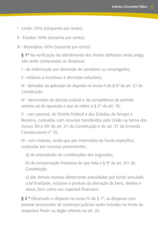 Entenda o Orçamento Público   33



I - União: 50% (cinquenta por cento);

II - Estados: 60% (sessenta por cento);

III - Municípios: 60% (sessenta por cento).
  § 1º Na verificação do atendimento dos limites definidos neste artigo,
  não serão computadas as despesas:
  I - de indenização por demissão de servidores ou empregados;
  II - relativas a incentivos à demissão voluntária;
  III - derivadas da aplicação do disposto no inciso II do § 6º do art. 57 da
  Constituição;
  IV - decorrentes de decisão judicial e da competência de período
  anterior ao da apuração a que se refere o § 2º do art. 18;
  V - com pessoal, do Distrito Federal e dos Estados do Amapá e
  Roraima, custeadas com recursos transferidos pela União na forma dos
  incisos XIII e XIV do art. 21 da Constituição e do art. 31 da Emenda
  Constitucional n° 19;
  VI - com inativos, ainda que por intermédio de fundo específico,
  custeadas por recursos provenientes:
    a) da arrecadação de contribuições dos segurados;
    b) da compensação financeira de que trata o § 9º do art. 201 da
    Constituição;
    c) das demais receitas diretamente arrecadadas por fundo vinculado
    a tal finalidade, inclusive o produto da alienação de bens, direitos e
    ativos, bem como seu superávit financeiro.

  § 2 º Observado o disposto no inciso IV do § 1º, as despesas com
  pessoal decorrentes de sentenças judiciais serão incluídas no limite do
  respectivo Poder ou órgão referido no art. 20.
 