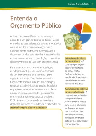 Entenda o Orçamento Público   7




Entenda o
Orçamento Público
Aplicar com competência os recursos que
arrecada é um grande desafio do Poder Público
em todas as suas esferas. Os valores arrecadados
com os tributos e com os serviços que o
Governo presta pertencem à comunidade e
devem ser usados para atender as necessidades
econômicas e sociais da população, e permitir o    Administração direta
desenvolvimento do País com ordem e justiça.       ou centralizada – É
                                                   composta por órgãos
Para fazer bom uso de sua arrecadação,             ligados diretamente
é indispensável que o Governo disponha             ao poder central
de um instrumento que contribua para               (federal, estadual ou
                                                   municipal). Por exemplo,
a gestão eficiente. Esse instrumento é o
                                                   um ministério ou uma
Orçamento Público, um dos mais antigos
                                                   secretaria de Estado.
recursos da administração pública brasileira
e que tem, entre suas funções, controlar e         Administração indireta
                                                   ou descentralizada – É
aplicar os valores recolhidos para manter
                                                   composta por entidades
em funcionamento os serviços públicos.
                                                   com personalidade
O Orçamento compreende as receitas e               jurídica própria, criadas
despesas de todas as unidades e entidades da       para realizar atividades
administração direta e indireta.                   de Governo de forma
                                                   descentralizada. Por
                                                   exemplo, autarquias,
                                                   fundações, empresas
                                                   públicas e sociedades de
                                                   economia mista.
 