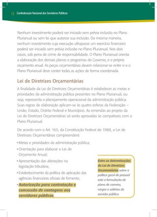 12   Confederação Nacional dos Servidores Públicos




     Nenhum investimento poderá ser iniciado sem prévia inclusão no Plano
     Plurianual ou sem lei que autorize sua inclusão. Da mesma maneira,
     nenhum investimento cuja execução ultrapasse um exercício financeiro
     poderá ser iniciado sem prévia inclusão no Plano Plurianual. Nos dois
     casos, sob pena de crime de responsabilidade. O Plano Plurianual orienta
     a elaboração dos demais planos e programas do Governo, e o próprio
     orçamento anual. As peças orçamentárias devem relacionar-se entre si e o
     Plano Plurianual deve conter todas as ações de forma coordenada.

     Lei de Diretrizes Orçamentárias
     A finalidade da Lei de Diretrizes Orçamentárias é estabelecer as metas e
     prioridades da administração pública presentes no Plano Plurianual, ou
     seja, representa o planejamento operacional da administração pública.
     Suas regras de elaboração aplicam-se às quatro esferas da Federação –
     União, Estado, Distrito Federal e Municípios. As emendas ao projeto da
     Lei de Diretrizes Orçamentárias só serão aprovadas se compatíveis com o
     Plano Plurianual.

     De acordo com o Art. 165, da Constituição Federal de 1988, a Lei de
     Diretrizes Orçamentárias compreenderá:
     •	Metas e prioridades da administração pública;
     •	Orientação para elaborar a Lei de
       Orçamento Anual;
     •	Apresentação das alterações na                   Entre as determinações
       legislação tributária;                           da Lei de Diretrizes
                                                        Orçamentárias sobre a
     •	Estabelecimento da política de aplicação das
                                                        política geral de pessoal
       agências financeiras oficiais de fomento;        está a formulação de
     •	Autorização para contratação e                   plano de carreira,
       concessão de vantagens aos                       cargos e salários do
                                                        servidor público.
       servidores públicos.
 