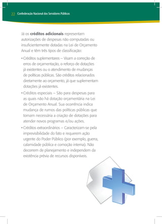 22   Confederação Nacional dos Servidores Públicos




        Já os créditos adicionais representam
        autorizações de despesas não computadas ou
        insuficientemente dotadas na Lei de Orçamento
        Anual e têm três tipos de classificação:
        •	Créditos suplementares – Visam a correção de
          erros de orçamentação, o reforço de dotações
          já existentes ou o atendimento de mudanças
          de políticas públicas. São créditos relacionados
          diretamente ao orçamento, já que suplementam
          dotações já existentes.
        •	Créditos especiais – São para despesas para
          as quais não há dotação orçamentária na Lei
          de Orçamento Anual. Sua ocorrência indica
          mudança de rumos das políticas públicas que
          tornam necessária a criação de dotações para
          atender novos programas e/ou ações.
        •	Créditos extraordinários – Caracterizam-se pela
          imprevisibilidade do fato e requerem ação
          urgente do Poder Público (por exemplo, guerra,
          calamidade pública e comoção interna). Não
          decorrem de planejamento e independem da
          existência prévia de recursos disponíveis.
 