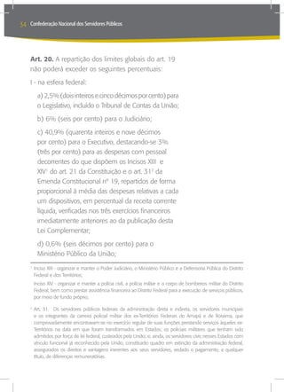 34   Confederação Nacional dos Servidores Públicos




     Art. 20. A repartição dos limites globais do art. 19
     não poderá exceder os seguintes percentuais:
     I - na esfera federal:
         a) 2,5% (dois inteiros e cinco décimos por cento) para
         o Legislativo, incluído o Tribunal de Contas da União;
         b) 6% (seis por cento) para o Judiciário;
         c) 40,9% (quarenta inteiros e nove décimos
         por cento) para o Executivo, destacando-se 3%
         (três por cento) para as despesas com pessoal
         decorrentes do que dispõem os Incisos XIII e
         XIV1 do art. 21 da Constituição e o art. 312 da
         Emenda Constitucional nº 19, repartidos de forma
         proporcional à média das despesas relativas a cada
         um dispositivos, em percentual da receita corrente
         líquida, verificadas nos três exercícios financeiros
         imediatamente anteriores ao da publicação desta
         Lei Complementar;
         d) 0,6% (seis décimos por cento) para o
         Ministério Público da União;

     	Inciso XIII - organizar e manter o Poder Judiciário, o Ministério Público e a Defensoria Pública do Distrito
     1

      Federal e dos Territórios;
     	 Inciso XIV - organizar e manter a polícia civil, a polícia militar e o corpo de bombeiros militar do Distrito
       Federal, bem como prestar assistência financeira ao Distrito Federal para a execução de serviços públicos,
       por meio de fundo próprio;

     	Art. 31. Os servidores públicos federais da administração direta e indireta, os servidores municipais
     2

      e os integrantes da carreira policial militar dos ex-Territórios Federais do Amapá e de Roraima, que
      comprovadamente encontravam-se no exercício regular de suas funções prestando serviços àqueles ex-
      Territórios na data em que foram transformados em Estados; os policiais militares que tenham sido
      admitidos por força de lei federal, custeados pela União; e, ainda, os servidores civis nesses Estados com
      vínculo funcional já reconhecido pela União, constituirão quadro em extinção da administração federal,
      assegurados os direitos e vantagens inerentes aos seus servidores, vedado o pagamento, a qualquer
      título, de diferenças remuneratórias.
 