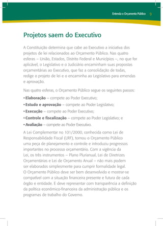 Entenda o Orçamento Público   9




Projetos saem do Executivo
A Constituição determina que cabe ao Executivo a iniciativa dos
projetos de lei relacionados ao Orçamento Público. Nas quatro
esferas – União, Estados, Distrito Federal e Municípios –, no que for
aplicável, o Legislativo e o Judiciário encaminham suas propostas
orçamentárias ao Executivo, que faz a consolidação de todas,
redige o projeto de lei e o encaminha ao Legislativo para emendas
e aprovação.

Nas quatro esferas, o Orçamento Público segue os seguintes passos:
•	Elaboração – compete ao Poder Executivo;
•	Estudo e aprovação – compete ao Poder Legislativo;
•	Execução – compete ao Poder Executivo;
•	Controle e fiscalização – compete ao Poder Legislativo; e
•	Avaliação – compete ao Poder Executivo.
A Lei Complementar no 101/2000, conhecida como Lei de
Responsabilidade Fiscal (LRF), tornou o Orçamento Público
uma peça de planejamento e controle e introduziu progressos
importantes no processo orçamentário. Com a vigência da
Lei, os três instrumentos – Plano Plurianual, Lei de Diretrizes
Orçamentárias e Lei de Orçamento Anual – não mais podem
ser elaborados simplesmente para cumprir formalidade legal.
O Orçamento Público deve ser bem desenvolvido e mostrar-se
compatível com a situação financeira presente e futura de cada
órgão e entidade. E deve representar com transparência a definição
da política econômico-financeira da administração pública e os
programas de trabalho do Governo.
 