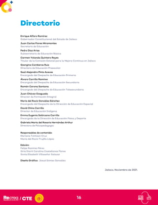 16
Directorio
Enrique Alfaro Ramírez
Gobernador Constitucional del Estado de Jalisco
Juan Carlos Flores Miramontes
Secretario de Educación
Pedro Diaz Arias
Subsecretario de Educación Básica
Carmen Yolanda Quintero Reyes
Titular de la Comisión Estatal para la Mejora Continua en Jalisco
Georgina Camberos Ruiz
Directora de Educación Preescolar
Saúl Alejandro Pinto Aceves
Encargado del Despacho de Educación Primaria
Álvaro Carrillo Ramírez
Encargado del Despacho de Educación Secundaria
Ramón Corona Santana
Encargado del Despacho de Educación Telesecundaria
Juan Chávez Ocegueda
Director de Formación Integral
María del Rocío González Sánchez
Encargada del Despacho de la Dirección de Educación Especial
David Chino Carrillo
Director de Educación Indígena
Emma Eugenia Solórzano Carrillo
Encargada de la Dirección de Educación Física y Deporte
Gabriela María del Rosario Hernández Arthur
Directora de Psicopedagogía
Responsables de contenido:
Mariana Tzintzún Cruz
María del Rocío Trujillo López
Edición:
Felipe Ramírez Pérez
Siria Diarit Carolina Castellanos Flores
Sonia Elisabeth Villaseñor Salazar
Diseño Gráfico: Josué Gómez González
Jalisco, Noviembre de 2021.
 