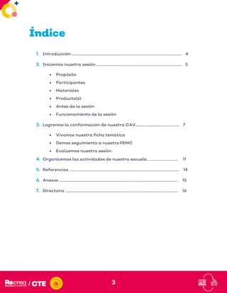 3
Índice
1. Introducción .................................................................………………………………………………... 4
2. Iniciemos nuestra sesión ..............................………………………………………………………. 5
• Propósito
• Participantes
• Materiales
• Producto(s)
• Antes de la sesión
• Funcionamiento de la sesión
3. Logremos la conformación de nuestra CAV..................................……………. 7
• Vivamos nuestra ficha temática
• Demos seguimiento a nuestro PEMC
• Evaluemos nuestra sesión
4. Organicemos las actividades de nuestra escuela ………………………….. 11
5. Referencias …………………………….............................................................………………………. 14
6. Anexos ..............................................................................………………………………………………. 15
7. Directorio ........................................................................……………………………………………… 16
 