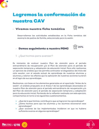 7
Logremos la conformación de
nuestra CAV
- Vivamos nuestra ficha temática
Desarrollemos las actividades establecidas en la Ficha temática del
escenario de padres de familia, seleccionada para la sesión.
- Demos seguimiento a nuestro PEMC
1. ¿Qué hicimos para avanzar?
Es momento de evaluar nuestro Plan de atención para el periodo
extraordinario de recuperación y/o el Plan de atención para el periodo de
separación temprana y adaptación de educación inicial. Para ello realicemos
un ejercicio de análisis que nos permita contrastar el diagnóstico del inicio del
ciclo escolar, con el estado actual de aprendizaje de nuestras alumnas y
alumnos y valorar los efectos que la aplicación de nuestras acciones tuvieron
en el logro de sus aprendizajes.
Realicemos, con base en los elementos generados en el apartado “Antes de la
sesión”, el análisis propuesto en el Anexo 1 de los aprendizajes alcanzados en
nuestro Plan de atención para el periodo extraordinario de recuperación y/o
del Plan de atención para el periodo de separación temprana y adaptación
para la educación inicial. Partiendo de la reflexión realizada con este ejercicio,
compartamos en torno a los siguientes cuestionamientos.
• ¿Qué de lo que hicimos, contribuyó a que se lograran los aprendizajes?
• ¿Cómo hicimos para que las alumnas y los alumnos alcanzaran esos
aprendizajes?
• ¿Qué acciones de las implementadas incidieron en que no hubiera
suficiente avance en algunos aprendizajes?
50%
25%
 