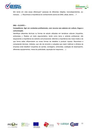11
têm tendo em vista essas diferenças? (pessoas de diferentes religiões, toxicodependentes, ex-
reclusos, …). Reconhece a importância do conhecimento acerca do DNA, célula, átomo, …?
DR2 – CLC/STC –
Competência: Agir em contextos profissionais, com recurso aos saberes em cultura, língua e
comunicação.
Identifique diferentes técnicas ou formas de estudo utilizadas em temáticas culturais (inquéritos,
entrevistas...). Realize um texto argumentativo, tendo como tema a vertente profissional, não
esquecendo a importância da vertente comunicacional, referindo a importância dos mass media e de
que forma estes influenciaram as novas formas de trabalhar e produzir riqueza. Reconhece e
compreende técnicas, métodos, que vão de encontro a soluções que visem melhorar a eficácia da
empresa onde trabalha? (inquéritos de opinião, sondagens, entrevistas, avaliação de desempenho,
diferentes equipamentos, meios de publicidade, aquisição de maquinaria, …)
 