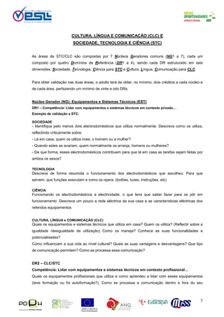 7
CULTURA, LÍNGUA E COMUNICAÇÃO (CLC) E
SOCIEDADE, TECNOLOGIA E CIÊNCIA (STC)
As áreas de STC/CLC são compostas por 7 Núcleos Geradores comuns (NG1 a 7), cada um
composto por quatro Domínios de Referência (DR1 a 4), sendo cada DR estruturado em seis
dimensões: Sociedade, Tecnologia, Ciência para STC e Cultura, Língua, Comunicação para CLC.
Para obter validação nas duas áreas, o adulto terá de obter, no mínimo, dois créditos a cada núcleo e
de cada área, perfazendo um mínimo de vinte e oito DRs.
Núcleo Gerador (NG): Equipamentos e Sistemas Técnicos (EST)
DR1 – Competência: Lidar com equipamentos e sistemas técnicos em contexto privado…
Exemplo de validação a STC:
SOCIEDADE
- Identifique pelo menos dois electrodomésticos que utiliza normalmente. Descreva como os utiliza,
reflectindo criticamente sobre:
- Lá em casa, quem os utiliza mais, o homem ou a mulher?
- Quando estes se avariam, quem normalmente os arranja, homens ou mulheres?
- De que forma, esses electrodomésticos contribuem para que lá em casa as tarefas sejam feitas por
ambos os sexos?
TECNOLOGIA
Descreva de forma resumida o funcionamento dos electrodomésticos que escolheu. Para que
servem, que funções executam e como os opera. (botões, luzes, instruções, etc)
CIÊNCIA
Funcionando os electrodomésticos a electricidade, o que tens que saber fazer para os pôr em
funcionamento. Descreva um pouco a rede eléctrica da sua casa e as características eléctricas dos
referidos equipamentos
CULTURA, LÍNGUA e COMUNICAÇÃO (CLC)
Quais os equipamentos e sistemas técnicos que utiliza em casa? Quem os utiliza? (Reflectir sobre a
igualdade /desigualdade de utilização) Como os maneja? Conhece as suas funcionalidades e
potencialidades?
Como influenciam a sua vida ao nível cultural? Quais as suas vantagens e desvantagens? Que tipo
de comunicação permitem? Como se processa essa comunicação?
DR2 – CLC/STC
Competência: Lidar com equipamentos e sistemas técnicos em contexto profissional…
Quais os equipamentos profissionais que utiliza e como aprendeu a lidar com esses equipamentos
(teve formação ou foi autoformação?). Como se processa a comunicação dentro e fora do seu
 