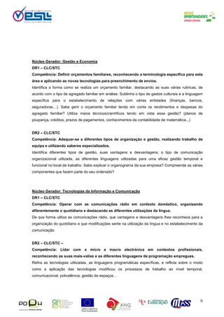9
Núcleo Gerador: Gestão e Economia
DR1 – CLC/STC
Competência: Definir orçamentos familiares, reconhecendo a terminologia específica para esta
área e aplicando as novas tecnologias para preenchimento de envios.
Identifica a forma como se realiza um orçamento familiar, destacando as suas várias rubricas, de
acordo com o tipo de agregado familiar em análise. Sublinha o tipo de gastos culturais e a linguagem
específica para o estabelecimento de relações com várias entidades (finanças, bancos,
seguradoras…). Sabe gerir o orçamento familiar tendo em conta os rendimentos e despesas do
agregado familiar? Utiliza meios técnicos/científicos tendo em vista essa gestão? (planos de
poupança, créditos, prazos de pagamentos, conhecimentos de contabilidade de matemática,..)
DR2 – CLC/STC
Competência: Adequar-se a diferentes tipos de organização e gestão, realizando trabalho de
equipa e utilizando saberes especializados.
Identifica diferentes tipos de gestão, suas vantagens e desvantagens; o tipo de comunicação
organizacional utilizada, as diferentes linguagens utilizadas para uma eficaz gestão temporal e
funcional no local de trabalho. Sabe explicar o organograma da sua empresa? Compreende as várias
componentes que fazem parte do seu ordenado?
Núcleo Gerador: Tecnologias da Informação e Comunicação
DR1 – CLC/STC
Competência: Operar com as comunicações rádio em contexto doméstico, organizando
diferentemente o quotidiano e destacando as diferentes utilizações da língua.
De que forma utiliza as comunicações rádio, que vantagens e desvantagens lhes reconhece para a
organização do quotidiano e que modificações sente na utilização da língua e no estabelecimento da
comunicação.
DR2 – CLC/STC –
Competência: Lidar com a micro e macro electrónica em contextos profissionais,
reconhecendo as suas mais-valias e as diferentes linguagens de programação empregues.
Refira as tecnologias utilizadas, as linguagens programáticas específicas, e reflicta sobre o modo
como a aplicação das tecnologias modificou os processos de trabalho ao nível temporal,
comunicacional, polivalência, gestão de espaços…
 