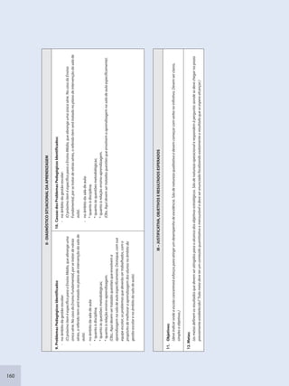 160
II-DIAGNÓSTICOSITUACIONALDAAPRENDIZAGEM
9.ProblemasPedagógicosIdentificados
-noâmbitodagestãoescolar:
(OpróximoiteméespecíficoparaoEnsinoMédio,queabrangeuma
únicasérie.NocasodoEnsinoFundamental,porsetratardevárias
séries,oreferidoitemserátratadonoplanodeintervençãodasalade
aula).
-noâmbitodasaladeaula:
*quantoàdisciplina;
*quantoàsquestõesmetodológicas;
*quantoàrelaçãoensino-aprendizagem.
(Obs.:Aquidevemsertratadasquestõesqueenvolvema
aprendizagemnasaladeaulaespecificamente.Destaque,comsua
equipeescolar,osproblemasquedeverãosertrabalhados,como
propósitodemelhoraraaprendizagemdosalunosnoâmbitoda
gestãoescolarenoâmbitodasaladeaula).
10.CausasdosProblemasPedagógicosIdentificados:
-noâmbitodagestãoescolar:
(OpróximoiteméespecíficoparaoEnsinoMédio,queabrangeumaúnicasérie.NocasodoEnsino
Fundamental,porsetratardeváriasséries,oreferidoitemserátratadonoplanodeintervençãodasalade
aula).
-noâmbitodasaladeaula:
*quantoàdisciplina;
*quantoàsquestõesmetodológicas;
*quantoàrelaçãoensino-aprendizagem.
(Obs.Aquidevemsertratadasquestõesqueenvolvemaaprendizagemnasaladeaulaespecificamente).
III–JUSTIFICATIVA,OBJETIVOSERESULTADOSESPERADOS
11.Objetivos:
(deveindicarondeaescolaconcentraráesforçosparaatingirumdesempenhodeexcelência.Sãodenaturezaqualitativaedevemcomeçarcomverbonoinfinitivo.Devemserclaros,
simpleseobjetivos.)
12.Metas:
(asmetasdefinemosresultadosquedevemseratingidosparaoalcancedosobjetivosestratégicos.Sãodenaturezaoperacionalerespondemàpergunta:aondesedevechegarnoprazo
previamenteestabelecido?Todametadeveterumconteúdoquantitativoemensuráveledeveserenunciadafocalizandoexatamenteoresultadoqueseesperaalcançar.)
SEDU_Guia Enisno Fundamental.indd 160 10/12/2010 15:00:21
 