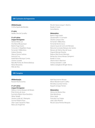 SRE Cachoeiro de Itapemirim
Alfabetização
Cinthia Aparecida Meireles
4ª série
Natália Silva de Carvalho
5ª a 8ª séries
Língua Portuguesa
Adriana Mota Luiz
Ana Maria Albuquerque
Beatriz Fraga Soares
Cíntia dos S. Magalhães Araújo
Fernanda F. Villela Vieira
Gislaine Rovetta
Gláucia Donna Cardoso
Ivana da Cruz
Izabel Maria Monique Correia
Josiane Louzada
Marcella Pontes de Oliveira Barbosa
Marta Alessandra
Nilta da Silva
Rita de Cássia Longue S. Martins
Rosely A. Couto
Sonia Martins
Matemática
Beatriz Fraga Soares
Cláudia Kelli V. A. Fornazier
Cláudio Campos Silva
Fernanda F. Villela Vieira
Fernanda Rocha Cocco
Josiane Souza do Carmo de Menezes
Maria da Conceição Marques dos Santos
Mariana de Fátima Silva de Souza
Organdi Mongin Rovetta
Regina Célia Zonzini Marinato
Renata dos Santos Moraes Zamperini
Rosely A. Couto
Silvana Faria V. Marchiori
Simony Azevedo S. Cadê
Valéria Casteglione Wingler Ramos
SRE Carapina
Alfabetização
Rosiane Rocha Gomes
5ª a 8ª séries
Língua Portuguesa
Débora Cristina Marques de Moraes
Érika Ferreira de Jesus
Eucimária Ribeiro Rosa Deoclécio
Gleise Tebaldi
Janaina Lorde de S. Mariquito
Jocimar Roberto Rosa
Lílian Lopes Sepulchro Telpis
Márcia de Angeli Piol
Marli Nascimento Moraes
Mirian Wandermurem Coelho
Micheliny Gusmão Ferreira
Raquel Camargo Trenten
Matemática
Abimar de Oliveira Silva
Dete Mendonça
Edson Natal
Franciely Cruz Grippa
João Carlos Moreira
Rita de Cássia Perreira Mesquita
SEDU_Guia Enisno Fundamental.indd 3 10/12/2010 15:00:10
 