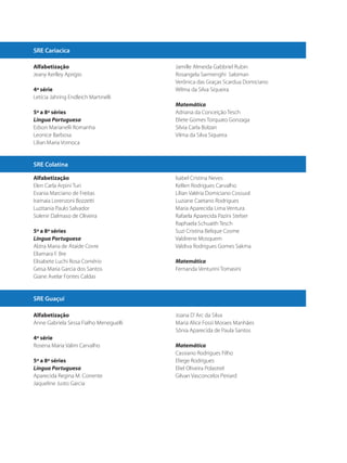 SRE Cariacica
Alfabetização
Jeany Kerlley Aprígio
4ª série
Letícia Jahring Endleich Martinelli
5ª a 8ª séries
Língua Portuguesa
Edson Marianelli Romanha
Leonice Barbosa
Lilian Maria Vomoca
Jamille Almeida Gabbriel Rubin
Rosangela Sarmenghi Saloman
Verônica das Graças Scardua Domiciano
Wilma da Silva Siqueira
Matemática
Adriana da Conceição Tesch
Eliete Gomes Torquato Gonzaga
Silvia Carla Bolzan
Vilma da Silva Siqueira
SRE Colatina
Alfabetização
Elen Carla Arpini Turi
Evania Marciano de Freitas
Iramaia Lorenzoni Bozzetti
Luzitania Paulo Salvador
Solenir Dalmaso de Oliveira
5ª a 8ª séries
Língua Portuguesa
Alzira Maria de Ataíde Covre
Eliamara F. Bre
Elisabete Luchi Rosa Comério
Geisa Maria Garcia dos Santos
Giane Avelar Fontes Caldas
Isabel Cristina Neves
Kellen Rodrigues Carvalho
Lílian Valéria Domiciano Cossuol
Luziane Caetano Rodrigues
Maria Aparecida Lima Ventura
Rafaela Aparecida Pazini Stelser
Raphaela Schuaith Tesch
Suzi Cristina Belique Cosme
Valdirene Mosquem
Valdiva Rodrigues Gomes Sakma
Matemática
Fernanda Venturini Tomasini
SRE Guaçuí
Alfabetização
Anne Gabriela Sessa Fialho Meneguelli
4ª série
Rosena Maria Valim Carvalho
5ª a 8ª séries
Língua Portuguesa
Aparecida Regina M. Corrente
Jaqueline Justo Garcia
Joana D’Arc da Silva
Maria Alice Fossi Moraes Manhães
Sônia Aparecida de Paula Santos
Matemática
Cassiano Rodrigues Filho
Eliege Rodrigues
Eliel Oliveira Polastrel
Gilvan Vasconcelos Periard
SEDU_Guia Enisno Fundamental.indd 4 10/12/2010 15:00:10
 