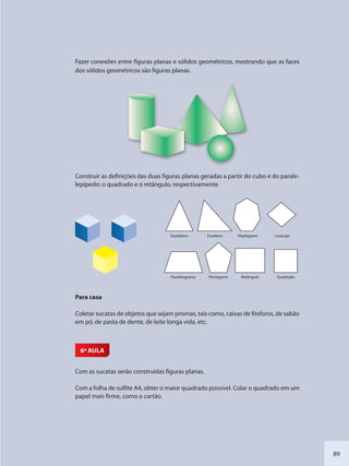 89
Fazer conexões entre figuras planas e sólidos geométricos, mostrando que as faces
dos sólidos geométricos são figuras planas.
Construir as definições das duas figuras planas geradas a partir do cubo e do parale-
lepípedo: o quadrado e o retângulo, respectivamente.
Equilátero Escaleno Heptágono Losango
Paralelograma Pentágono Retângulo Quadrado
Para casa
Coletar sucatas de objetos que sejam prismas, tais como, caixas de fósforos, de sabão
em pó, de pasta de dente, de leite longa vida, etc.
6ª AULA
Com as sucatas serão construídas figuras planas.
Com a folha de sulfite A4, obter o maior quadrado possível. Colar o quadrado em um
papel mais firme, como o cartão.
SEDU_Guia Enisno Fundamental.indd 89 10/12/2010 15:00:19
 